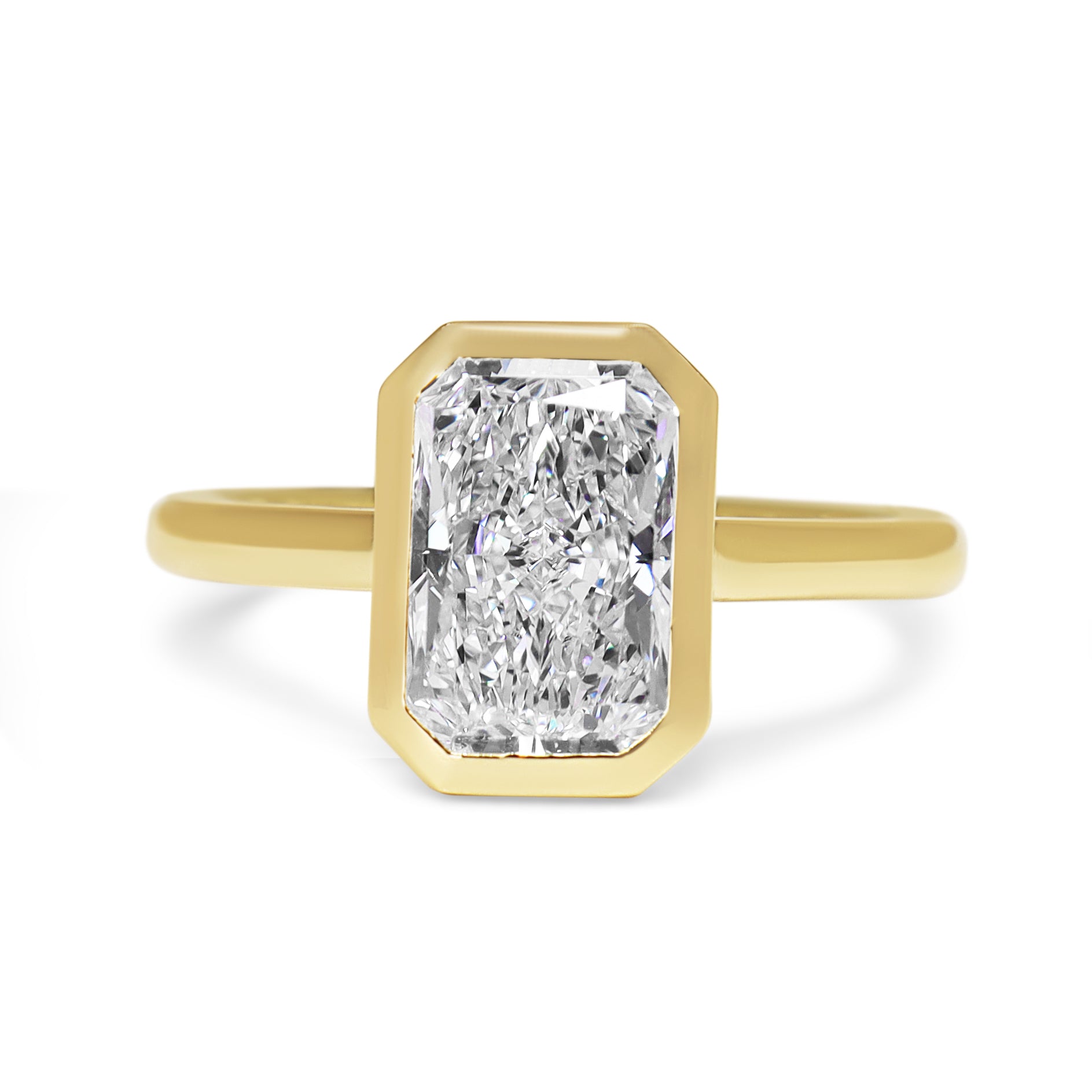18ct Yellow Gold Bezel Set Radiant Cut Lab Grown Diamond Solitaire Ring