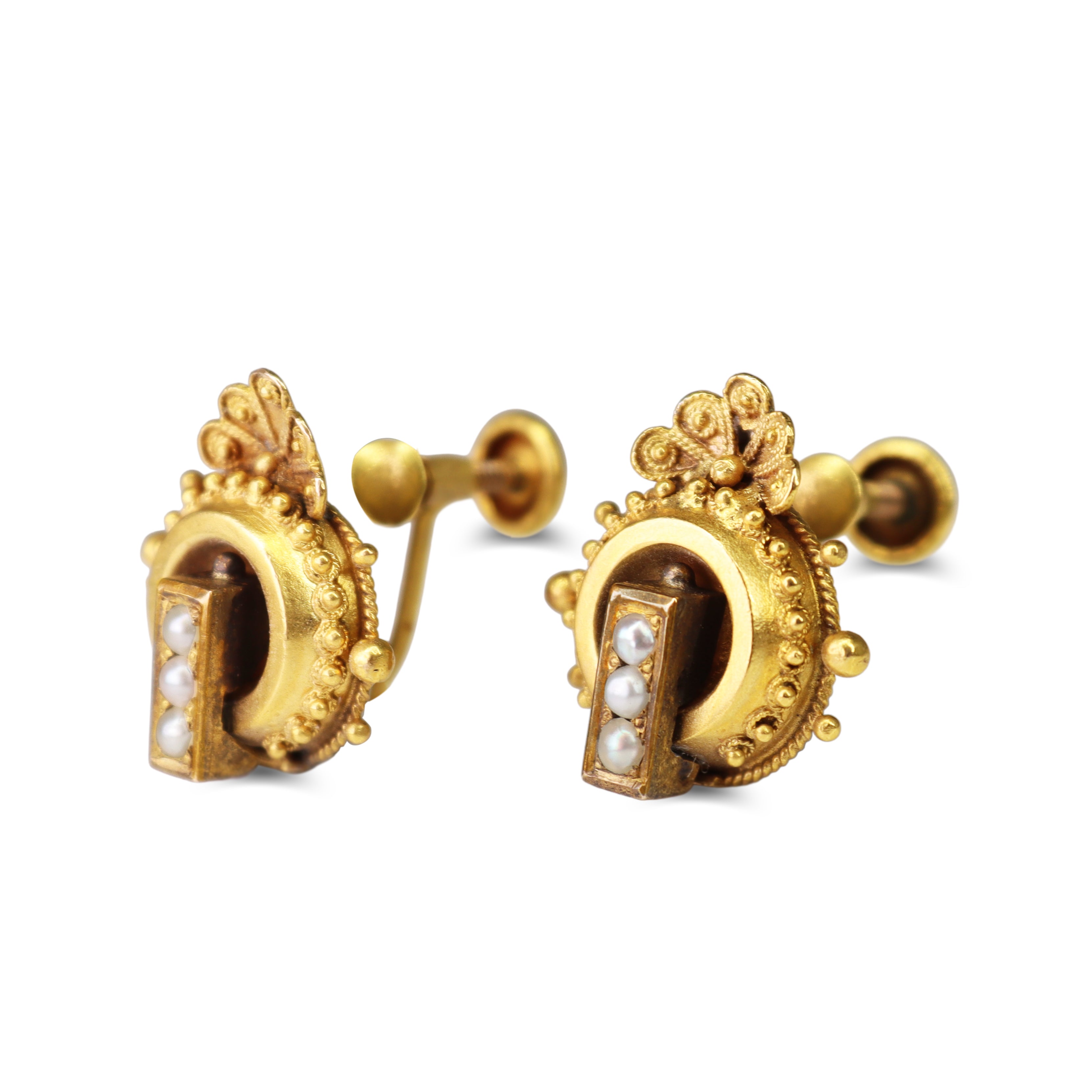 9ct Yellow Gold Antique Seed Pearl Screw On Earrings