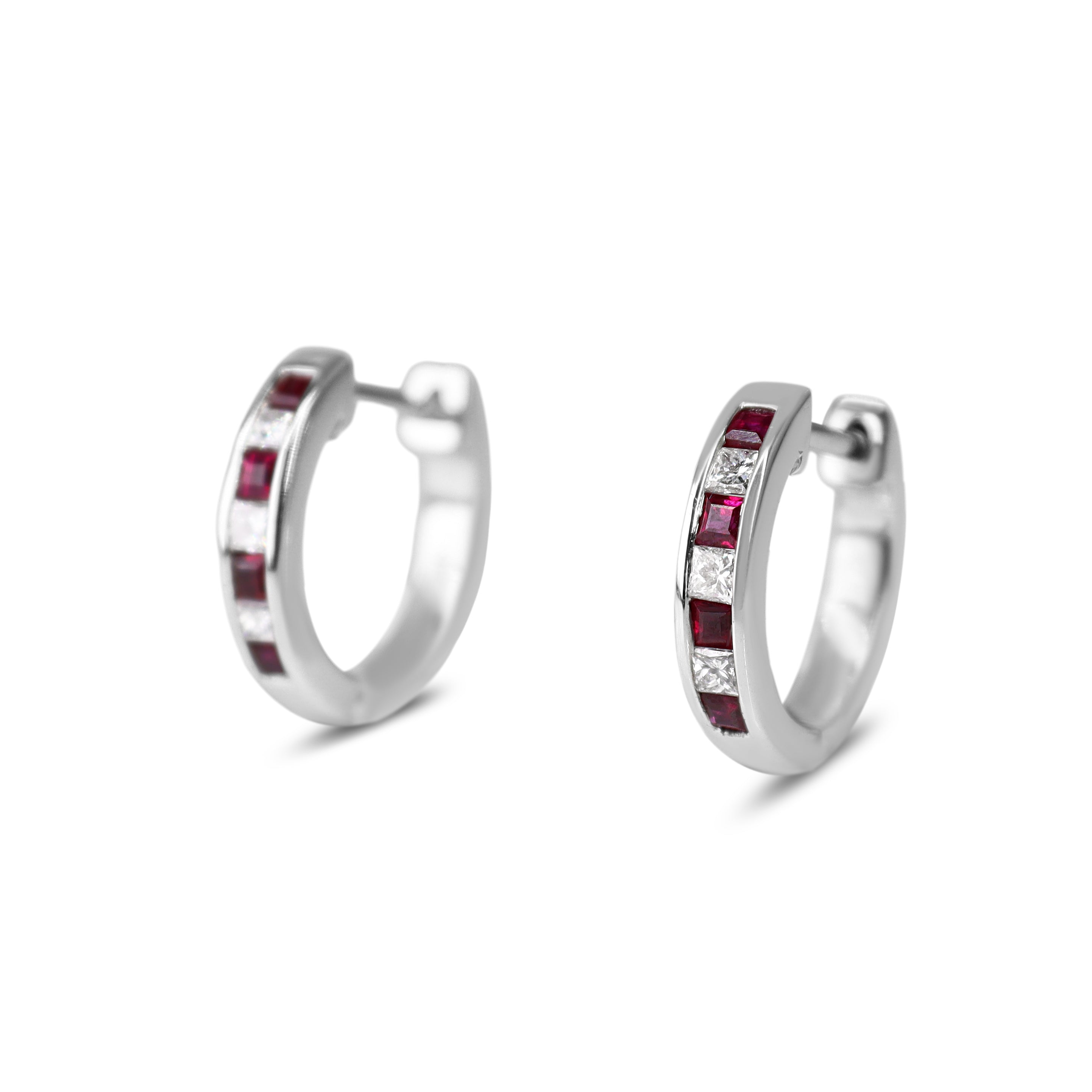 9ct White Gold Sqaure Ruby and Diamond Channel Set Hoop Earrings