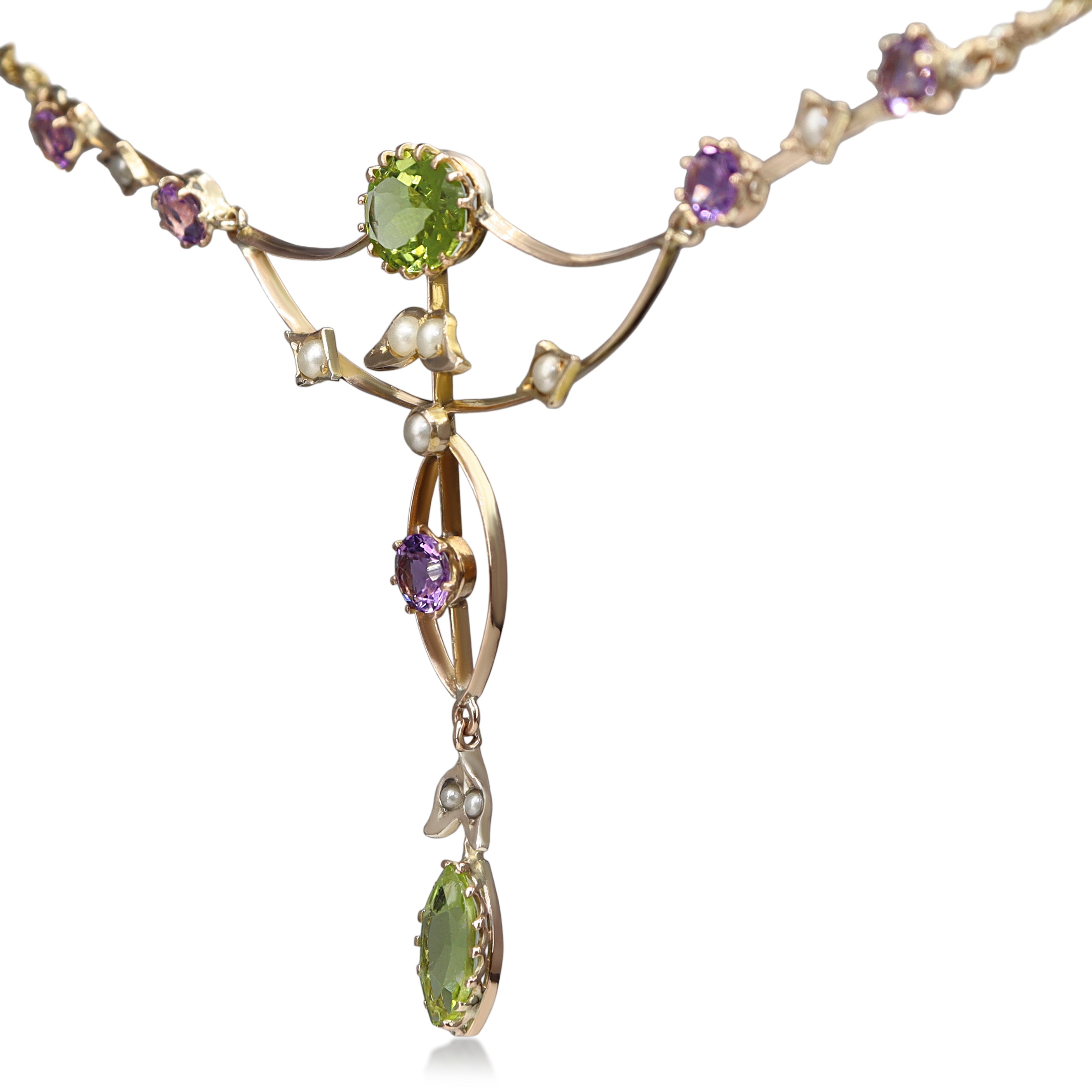 15ct Yellow Gold Antique Peridot, Pearl and Amethyst Suffragette Necklace