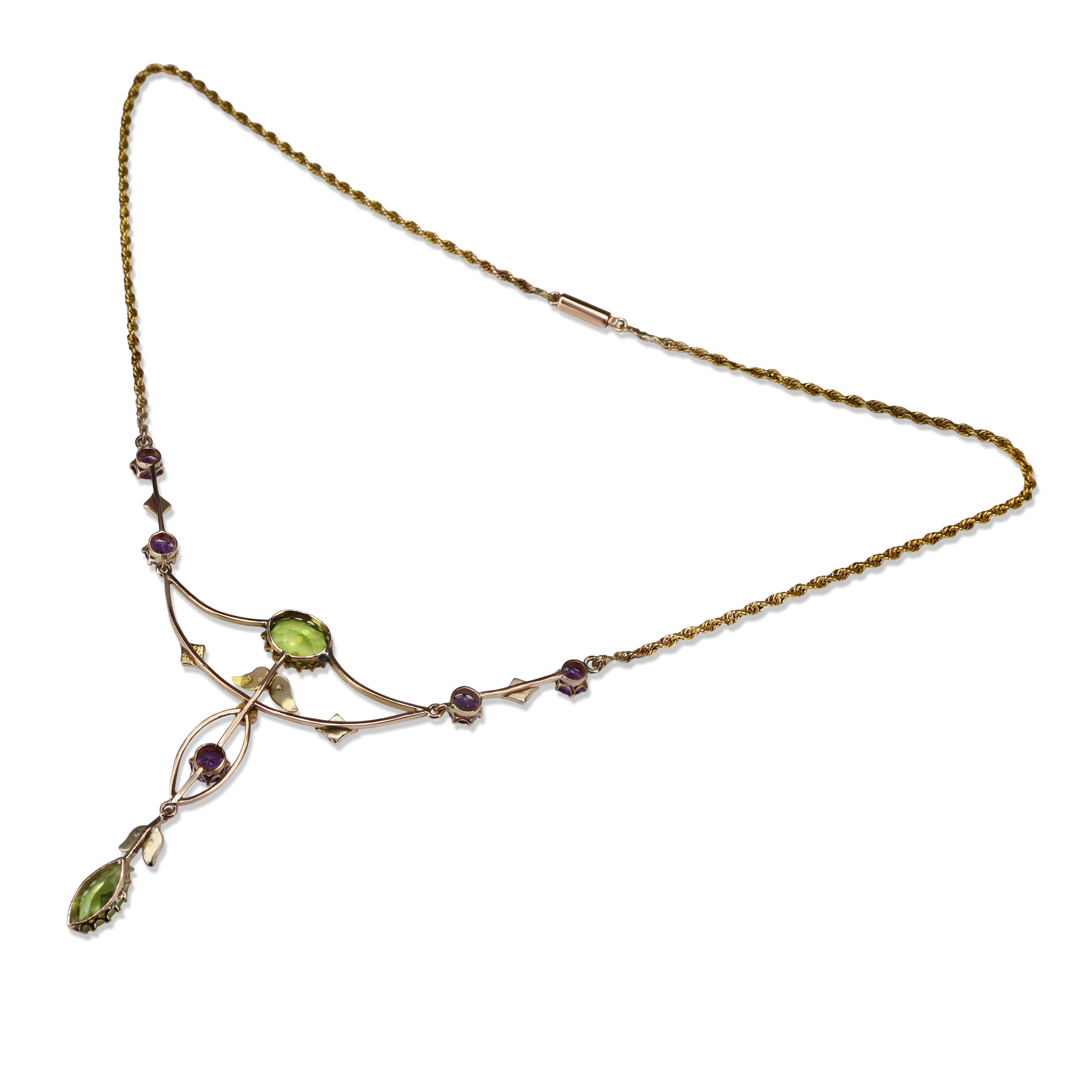 15ct Yellow Gold Antique Peridot, Pearl and Amethyst Suffragette Necklace