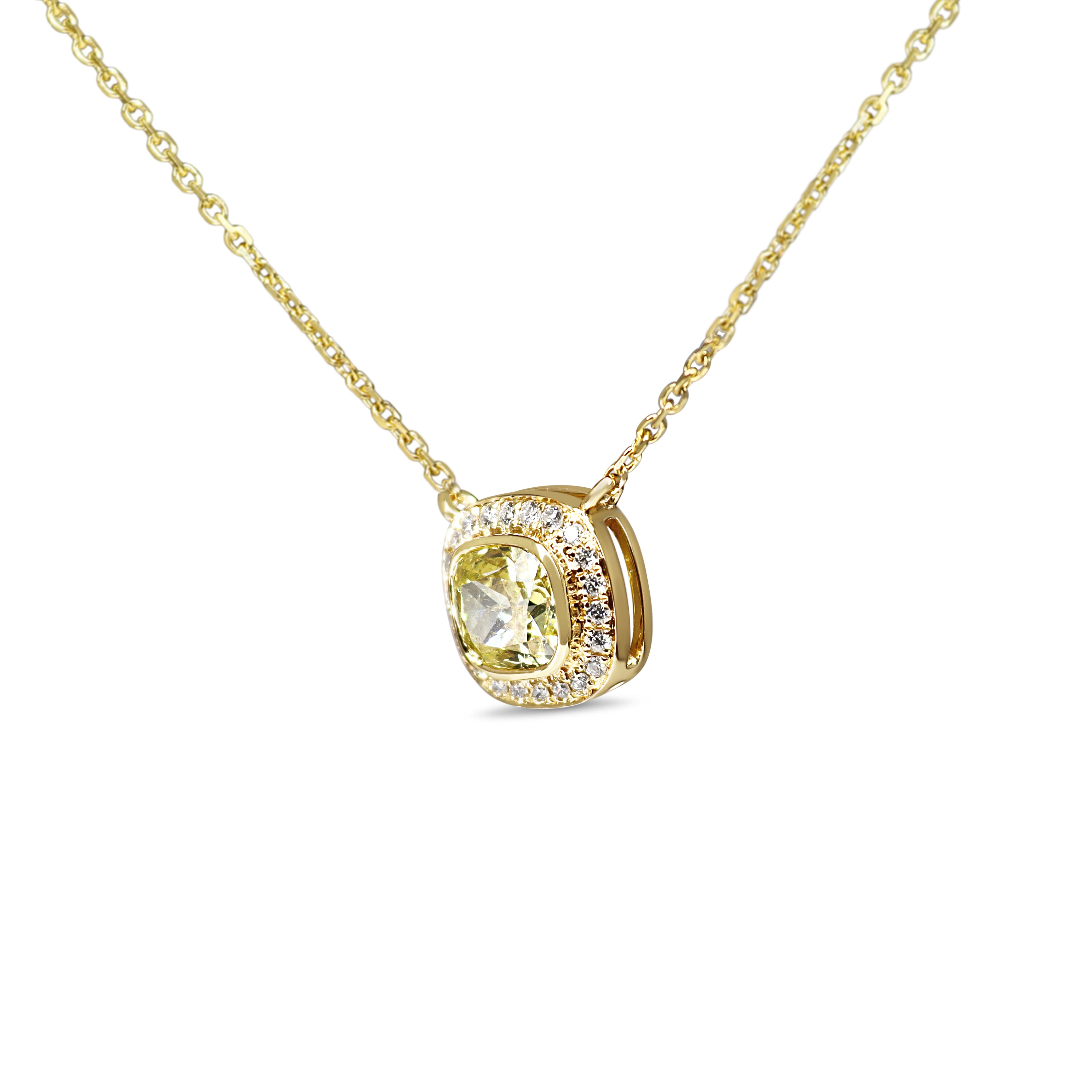 18ct Yellow Gold Fancy Yellow Cushion Diamond Halo Necklace