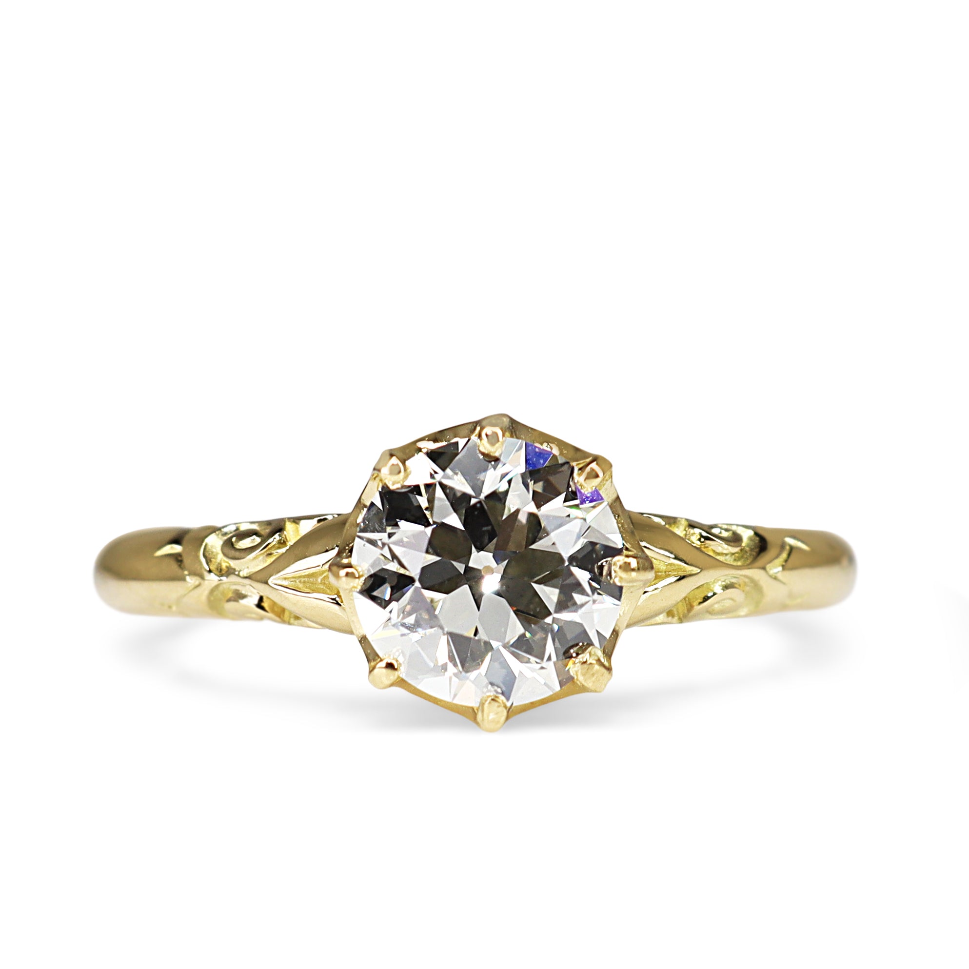 18ct Yellow Gold Antique Style Old Cut Diamond Solitaire Ring with Engraved Shoulders