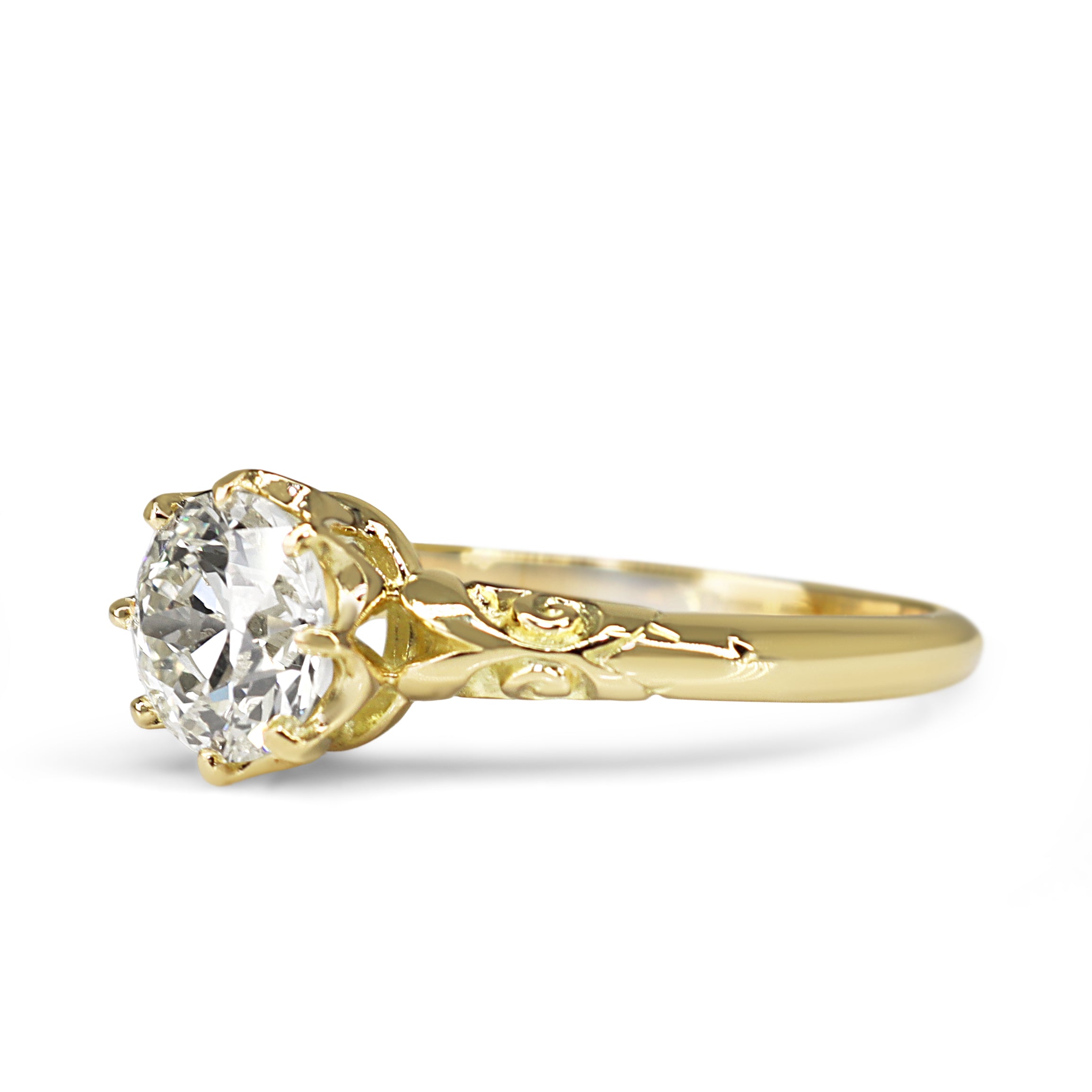 18ct Yellow Gold Antique Style Old Cut Diamond Solitaire Ring with Engraved Shoulders