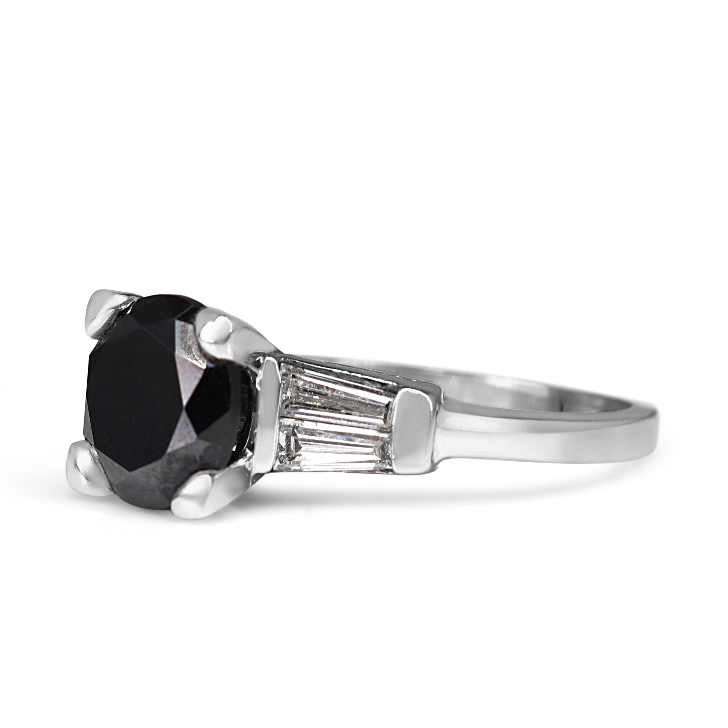Platinum 2.00ct Black Diamond Solitaire Ring with White Tapered Baguettes