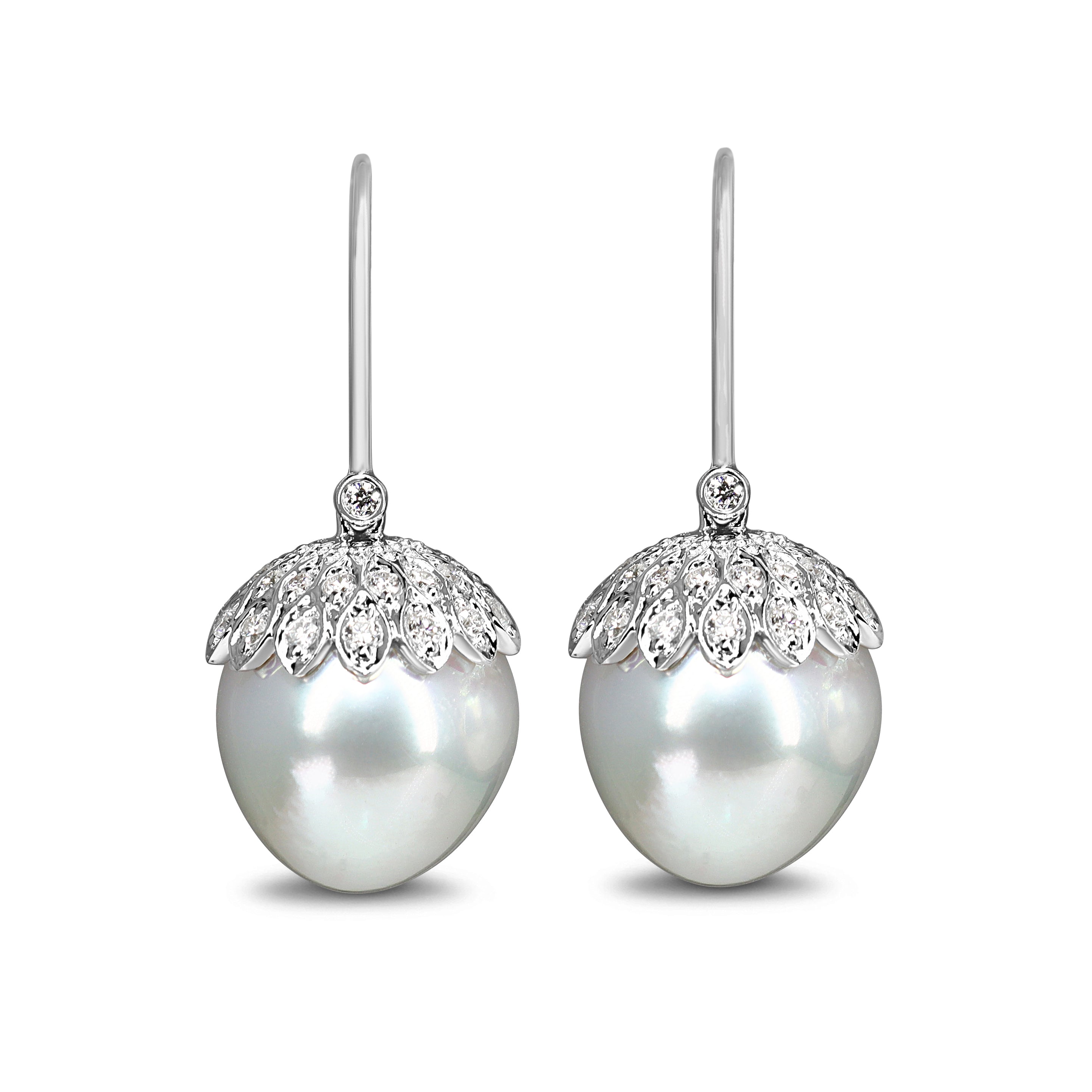 18ct White Gold 14mm South Sea Pearl and Diamond Acorn Style Earrings