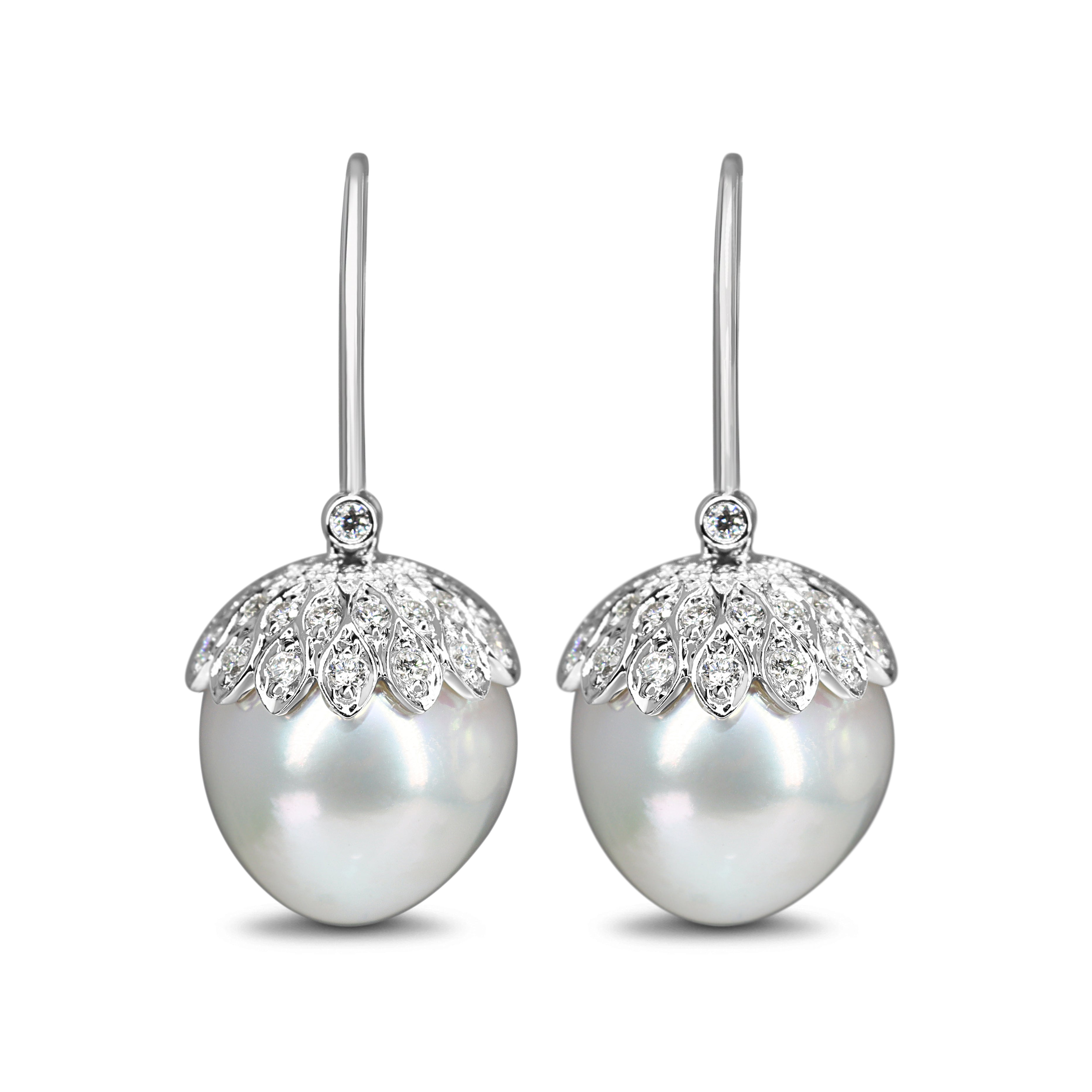 18ct White Gold 14mm South Sea Pearl and Diamond Acorn Style Earrings
