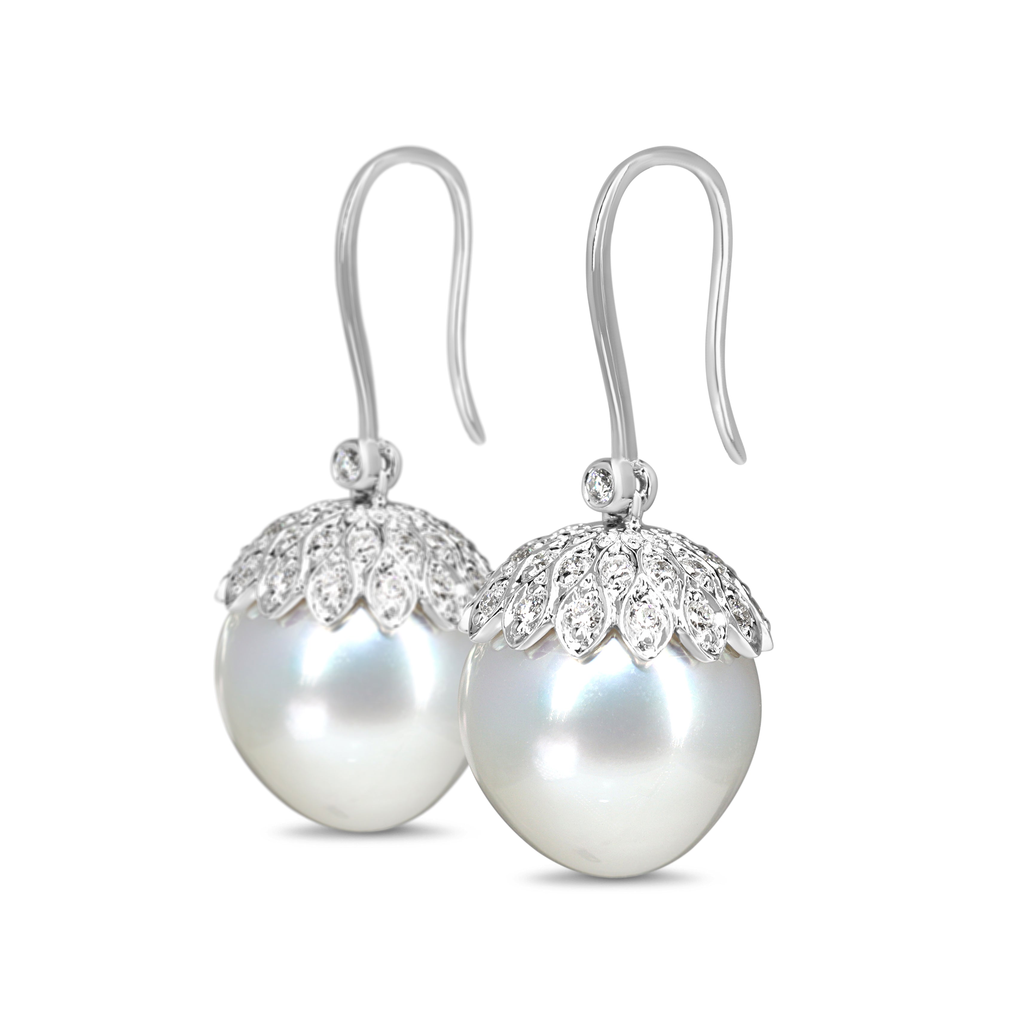 18ct White Gold 14mm South Sea Pearl and Diamond Acorn Style Earrings