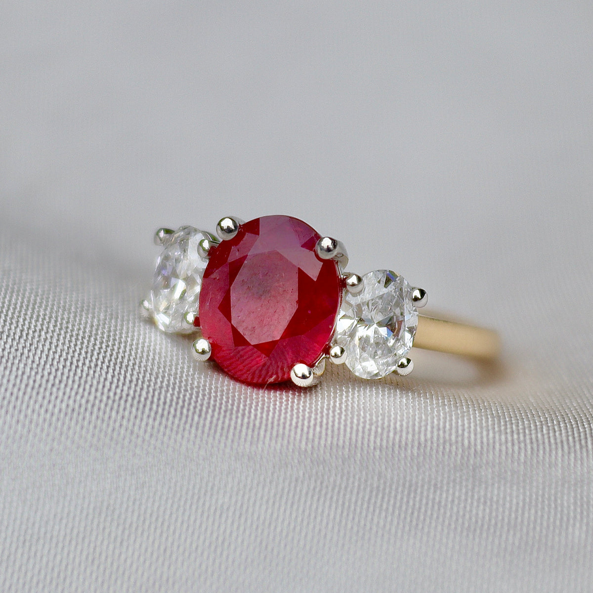 18ct Yellow and White Gold Oval Ruby and Diamond 3 Stone Ring