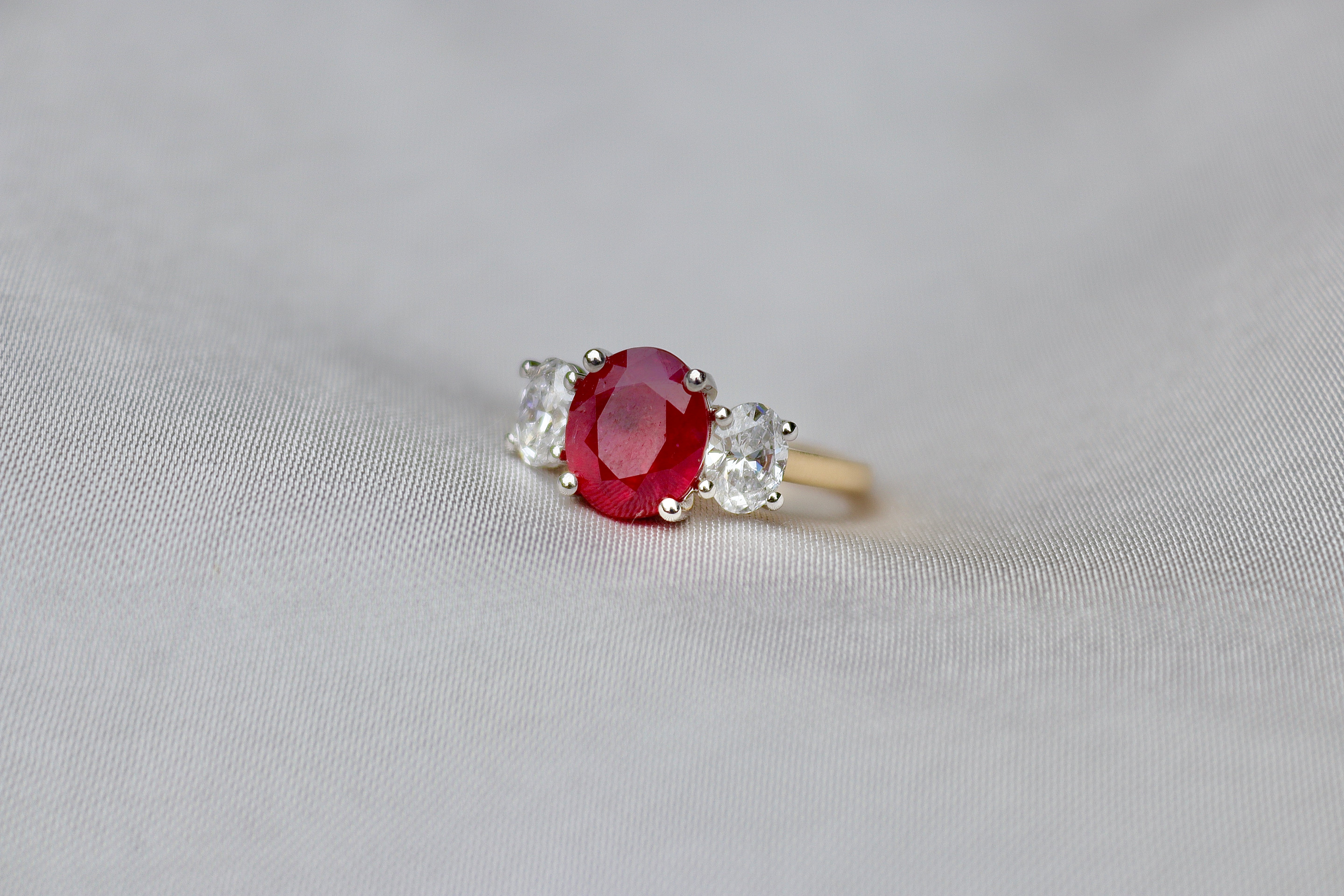 18ct Yellow and White Gold Oval Ruby and Diamond 3 Stone Ring