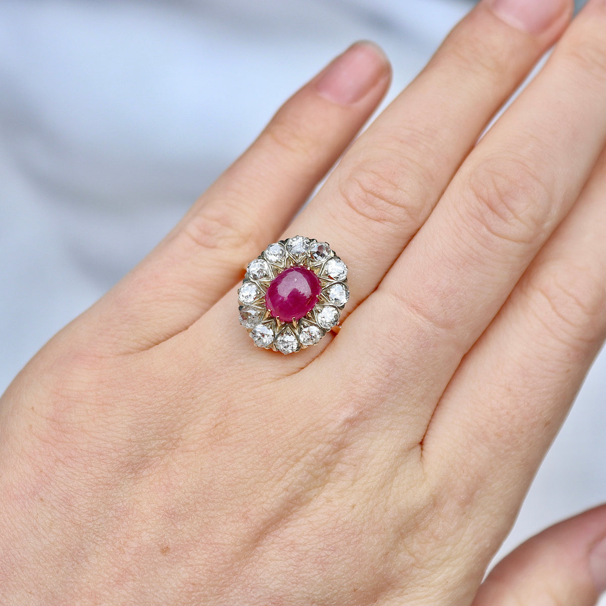14ct Yellow and White Gold Antique Cabochon Ruby and Old Cut Diamond Cluster Ring