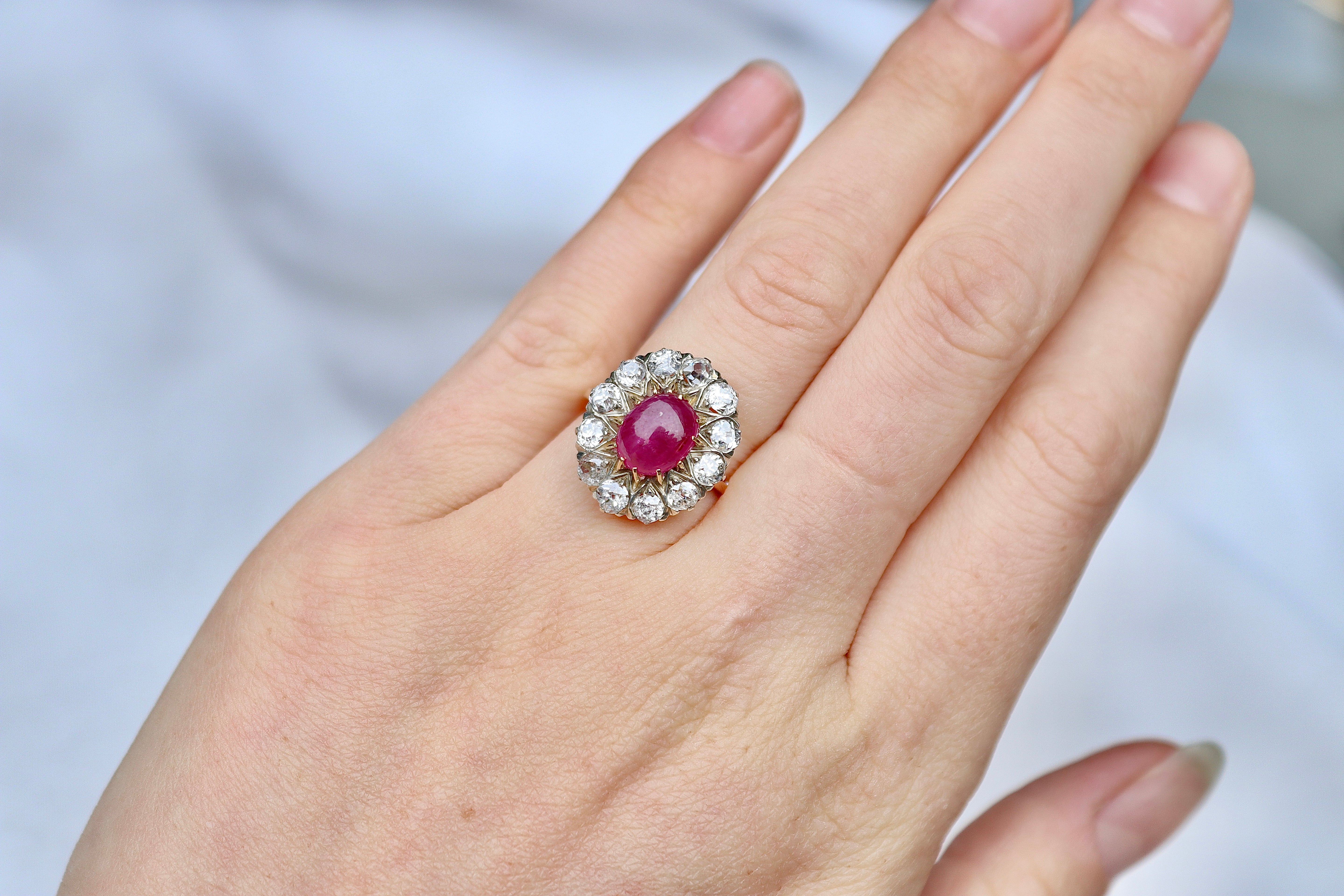 14ct Yellow and White Gold Antique Cabochon Ruby and Old Cut Diamond Cluster Ring