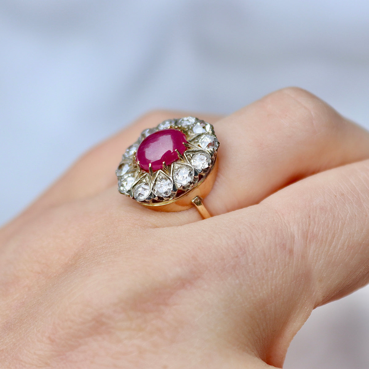 14ct Yellow and White Gold Antique Cabochon Ruby and Old Cut Diamond Cluster Ring