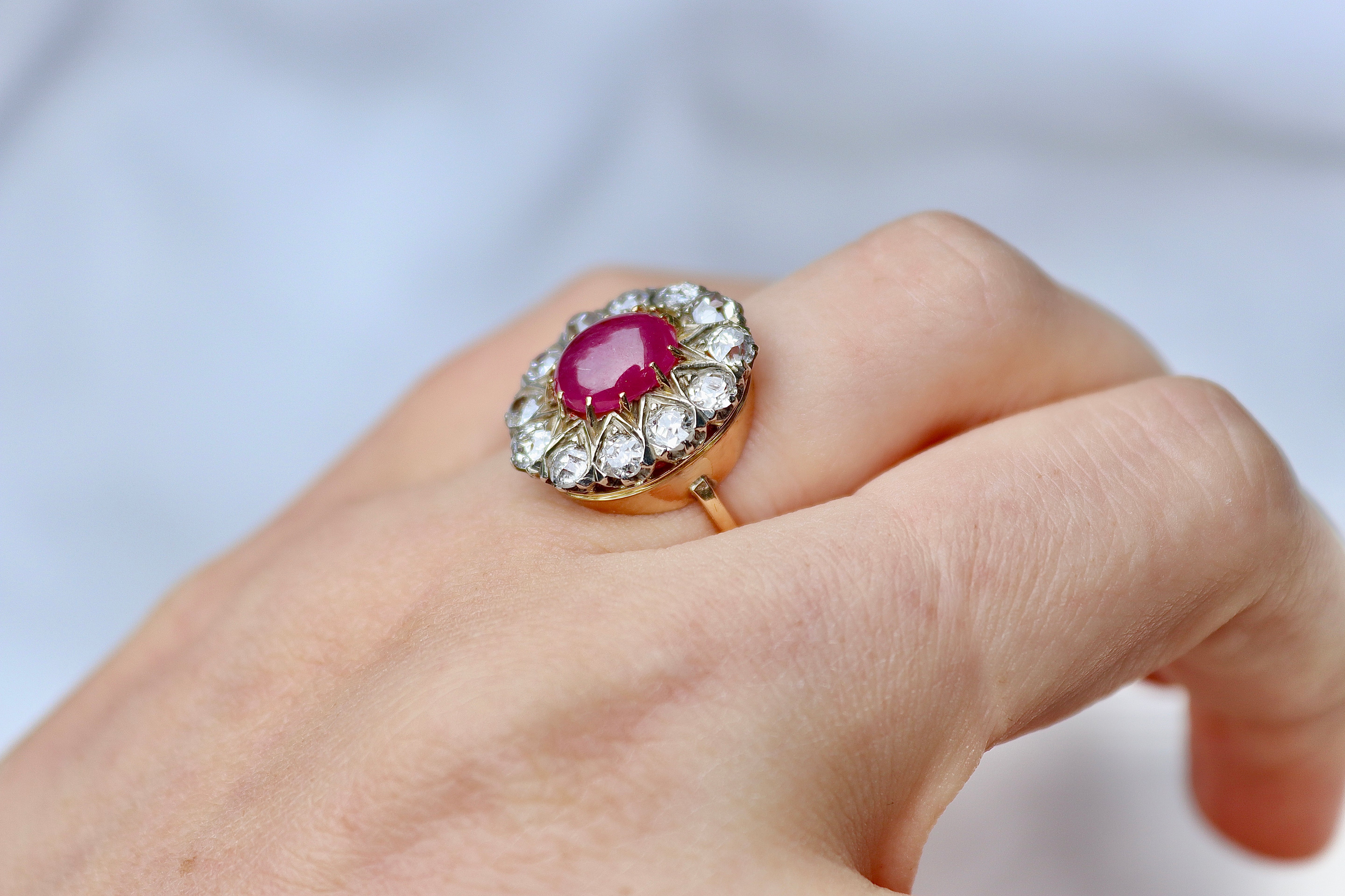 14ct Yellow and White Gold Antique Cabochon Ruby and Old Cut Diamond Cluster Ring