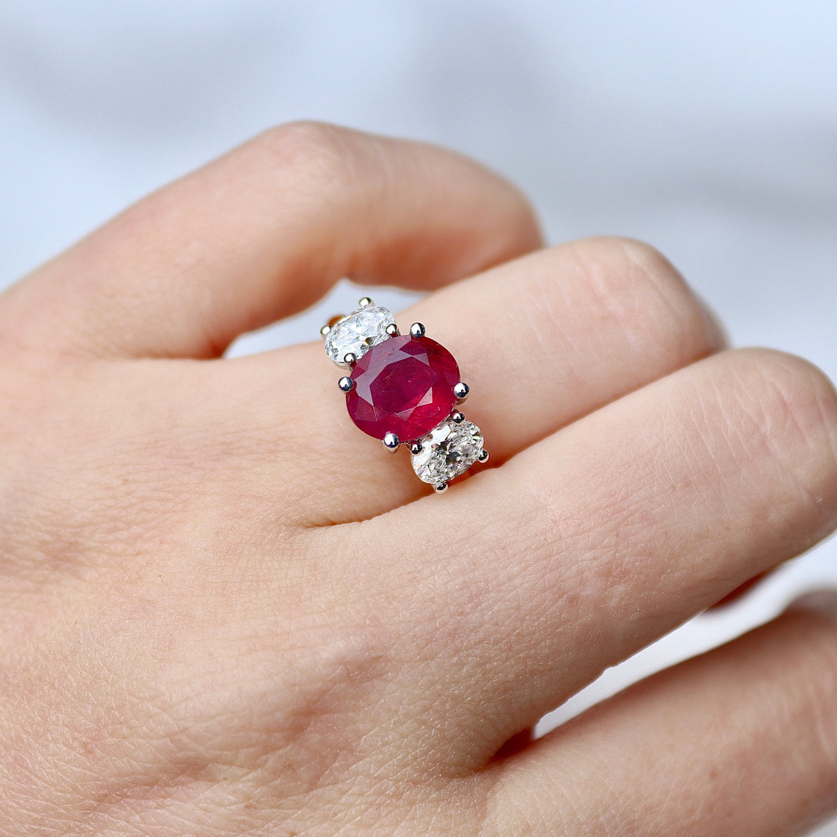 18ct Yellow and White Gold Oval Ruby and Diamond 3 Stone Ring