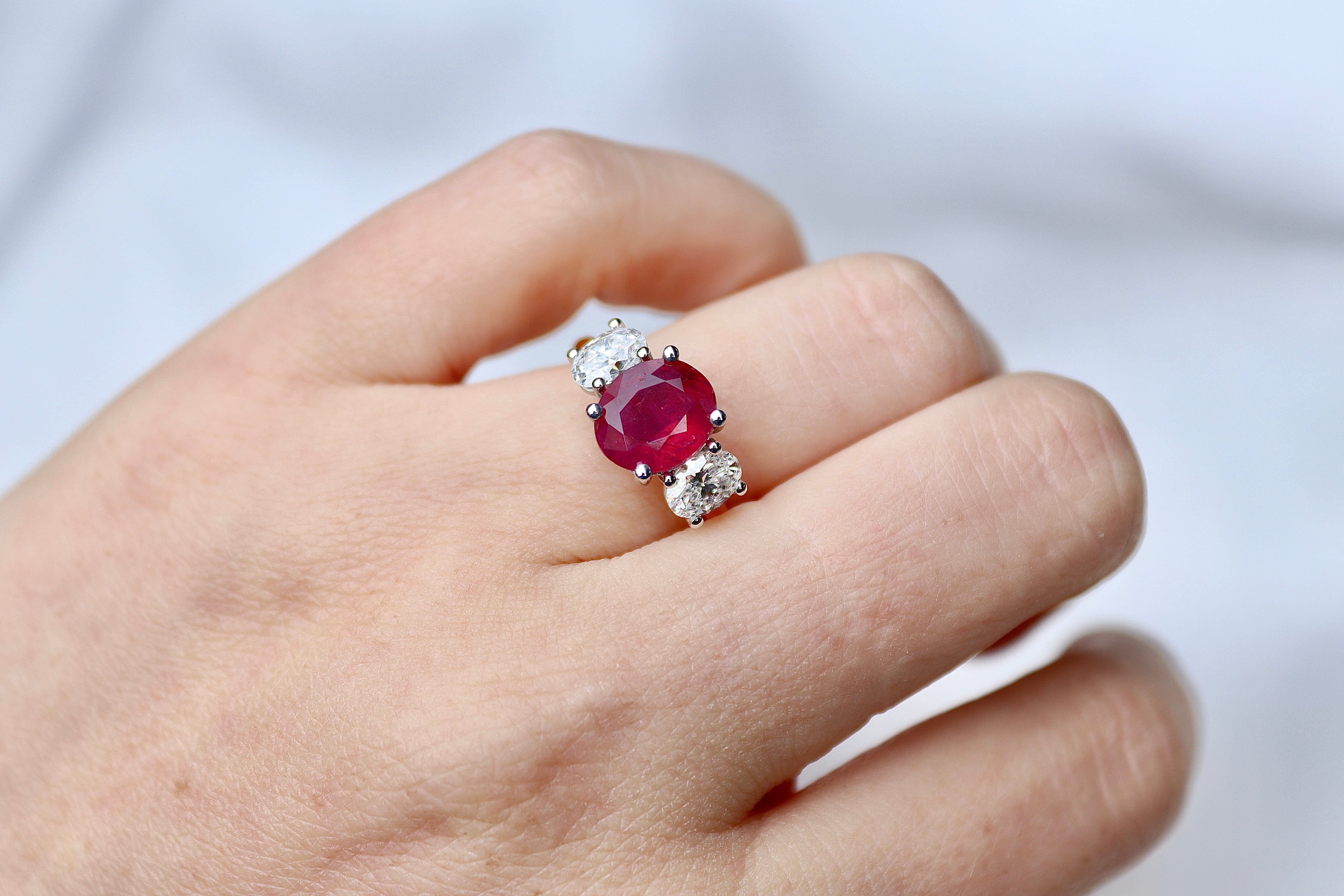 18ct Yellow and White Gold Oval Ruby and Diamond 3 Stone Ring
