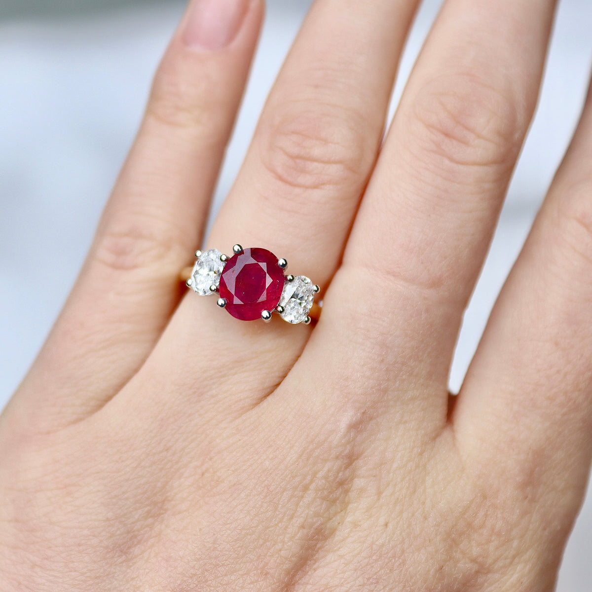18ct Yellow and White Gold Oval Ruby and Diamond 3 Stone Ring