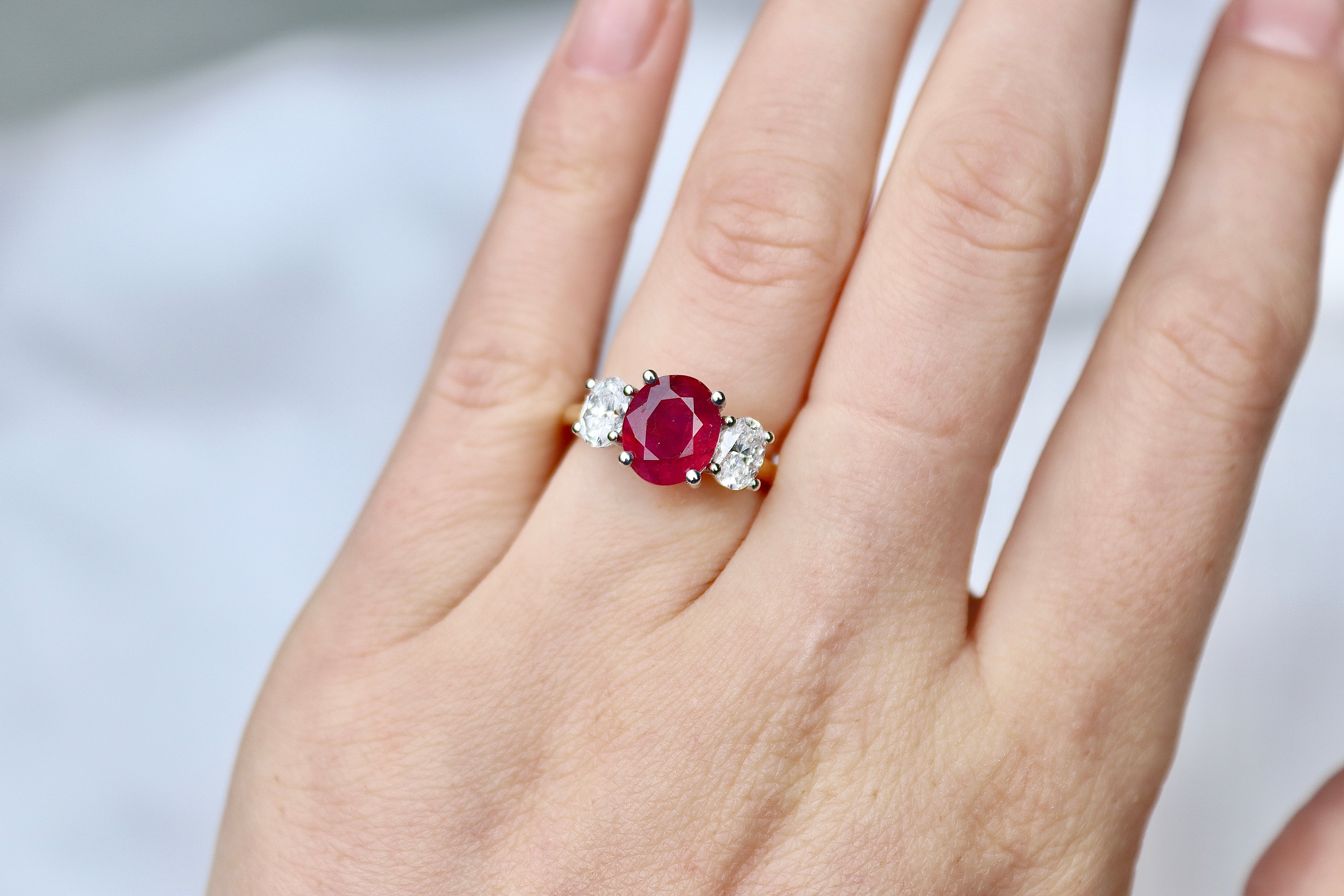 18ct Yellow and White Gold Oval Ruby and Diamond 3 Stone Ring