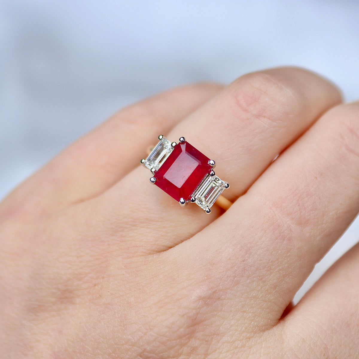 18ct Yellow and White Gold Emerald Cut Ruby and Diamond 3 Stone Ring