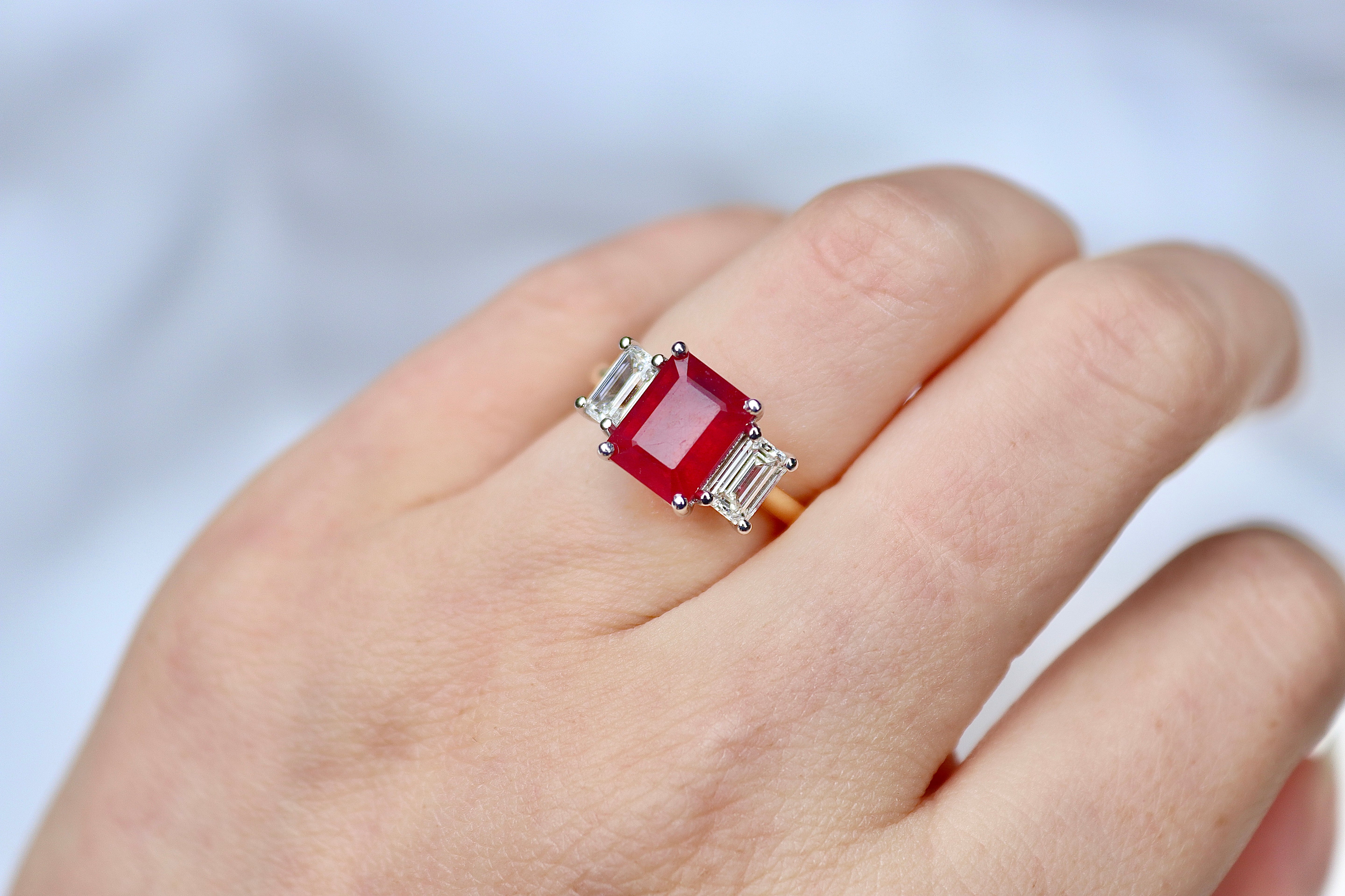 18ct Yellow and White Gold Emerald Cut Ruby and Diamond 3 Stone Ring