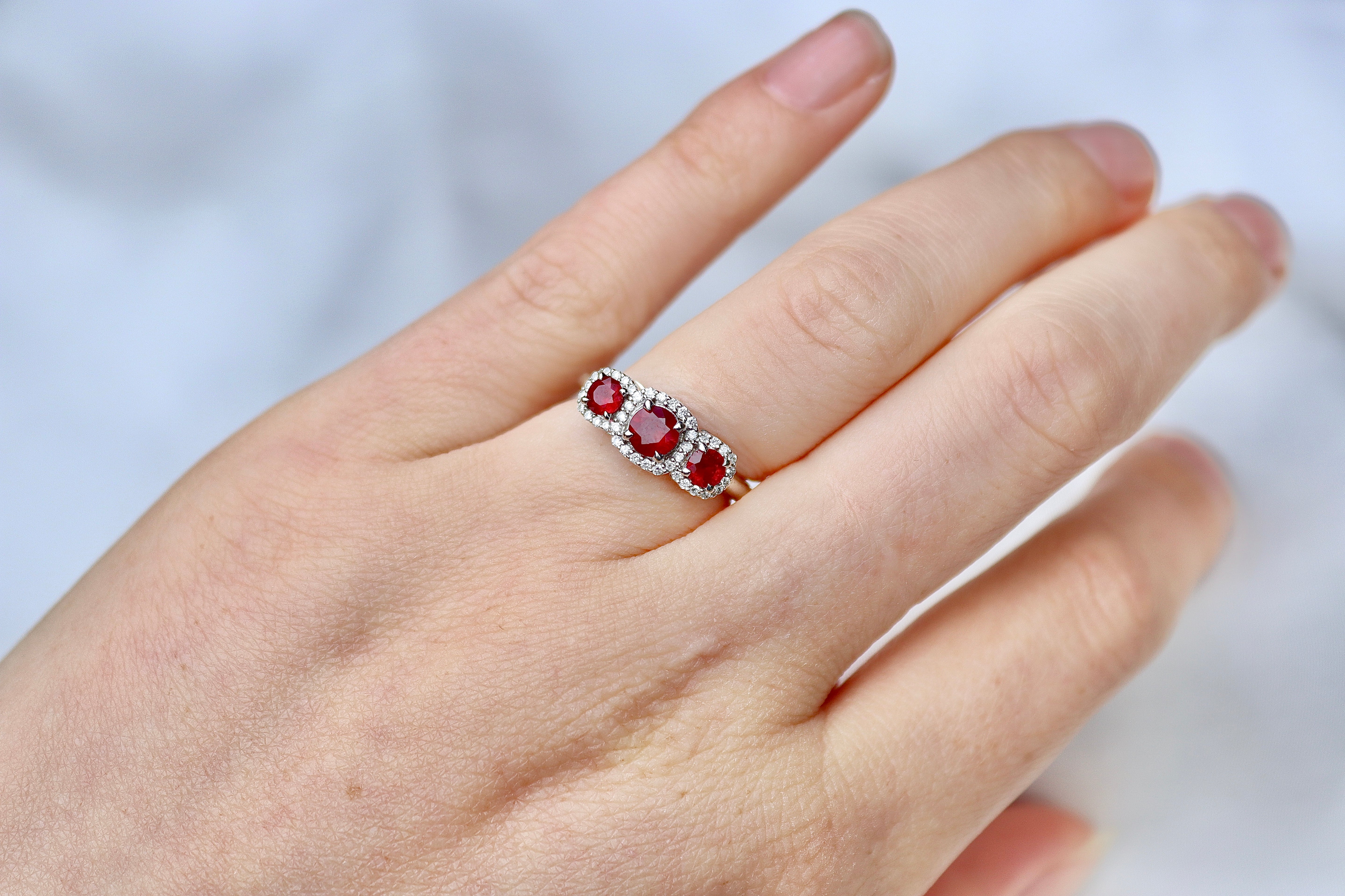 14ct White Gold Ruby 3 Stone and Diamond Halo Ring