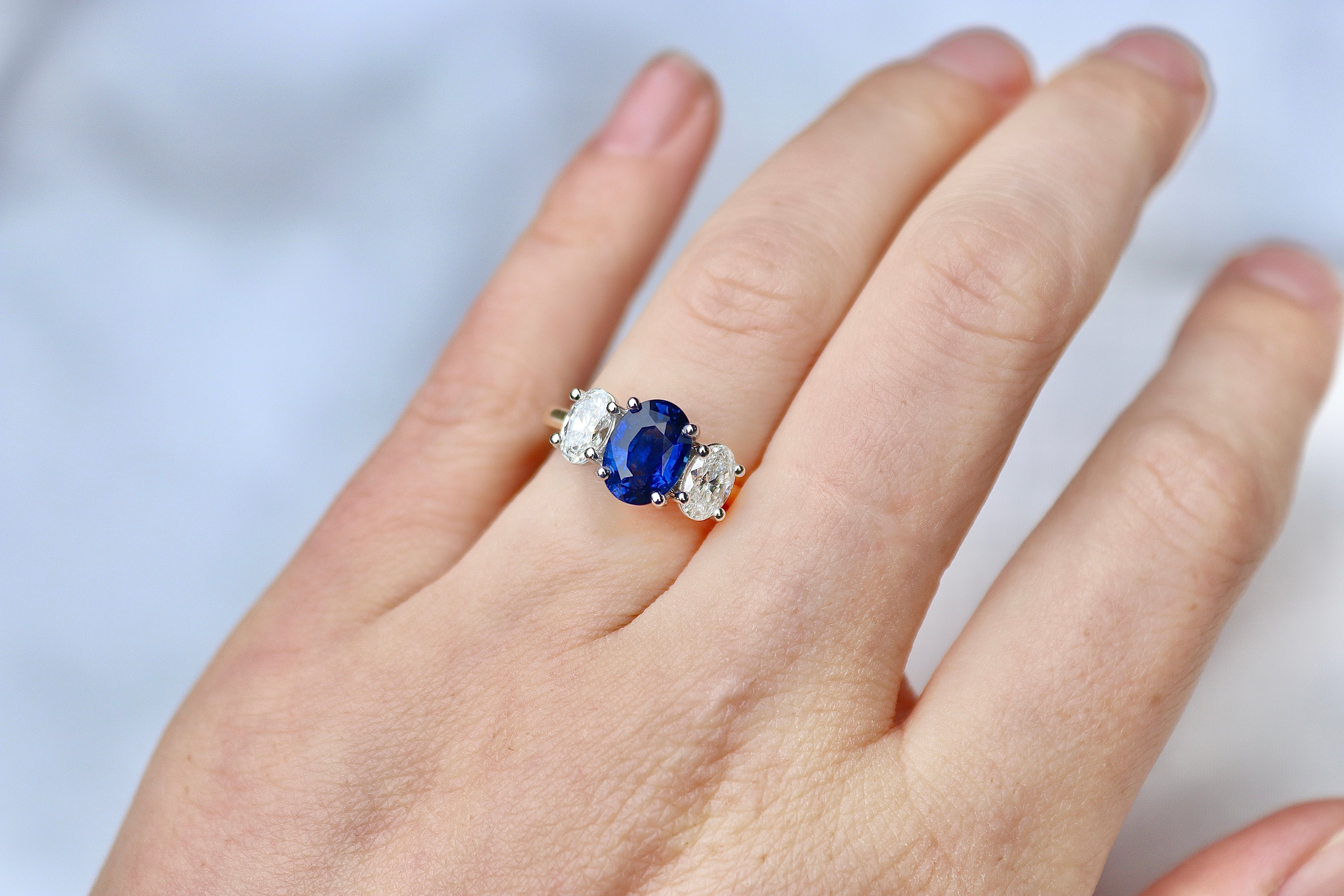 18ct Yellow and White Gold Oval Sapphire and Diamond 3 Stone Ring