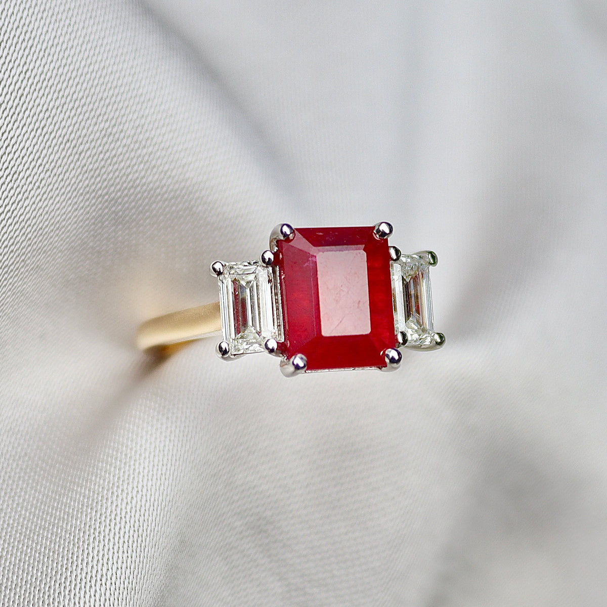 18ct Yellow and White Gold Emerald Cut Ruby and Diamond 3 Stone Ring