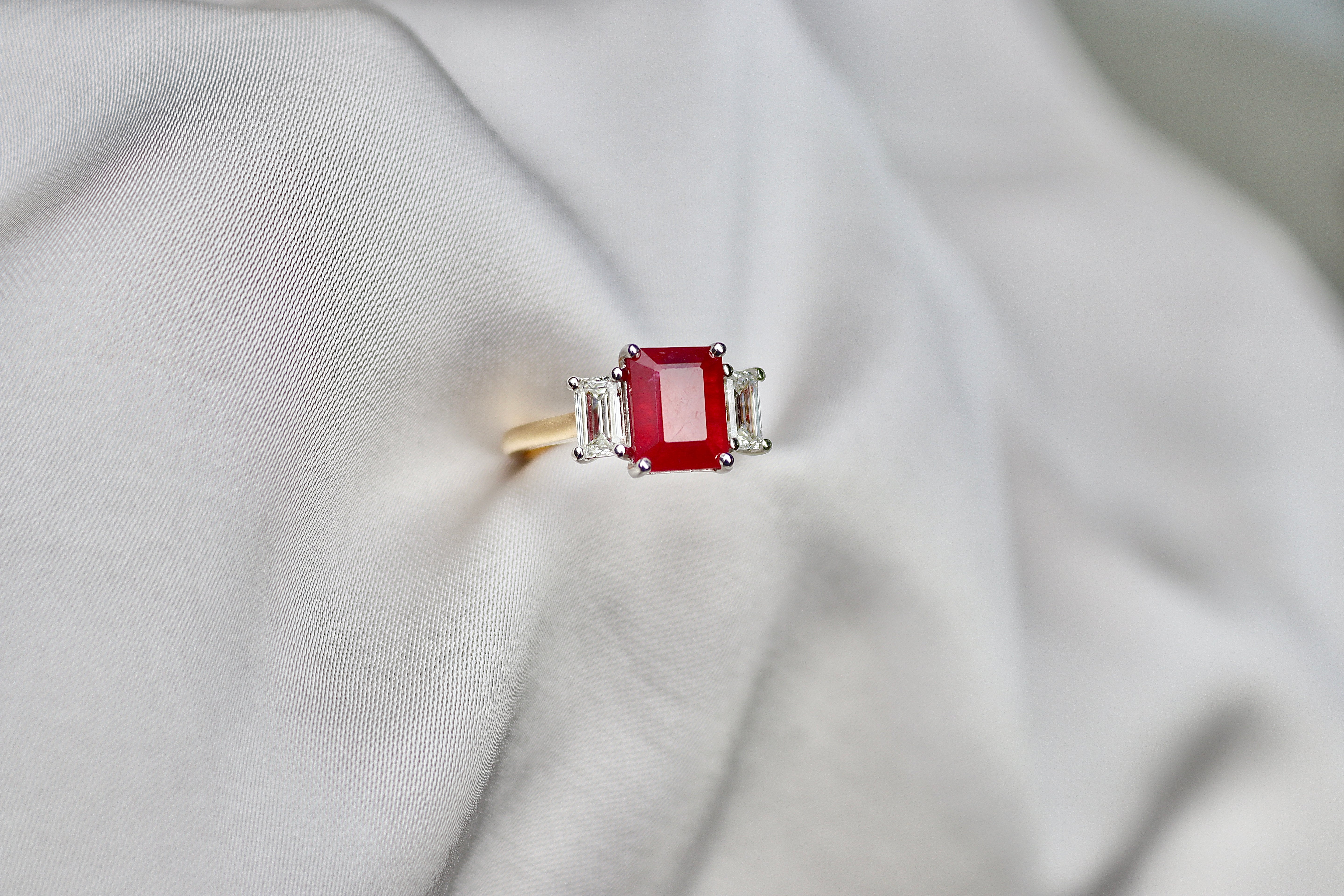 18ct Yellow and White Gold Emerald Cut Ruby and Diamond 3 Stone Ring