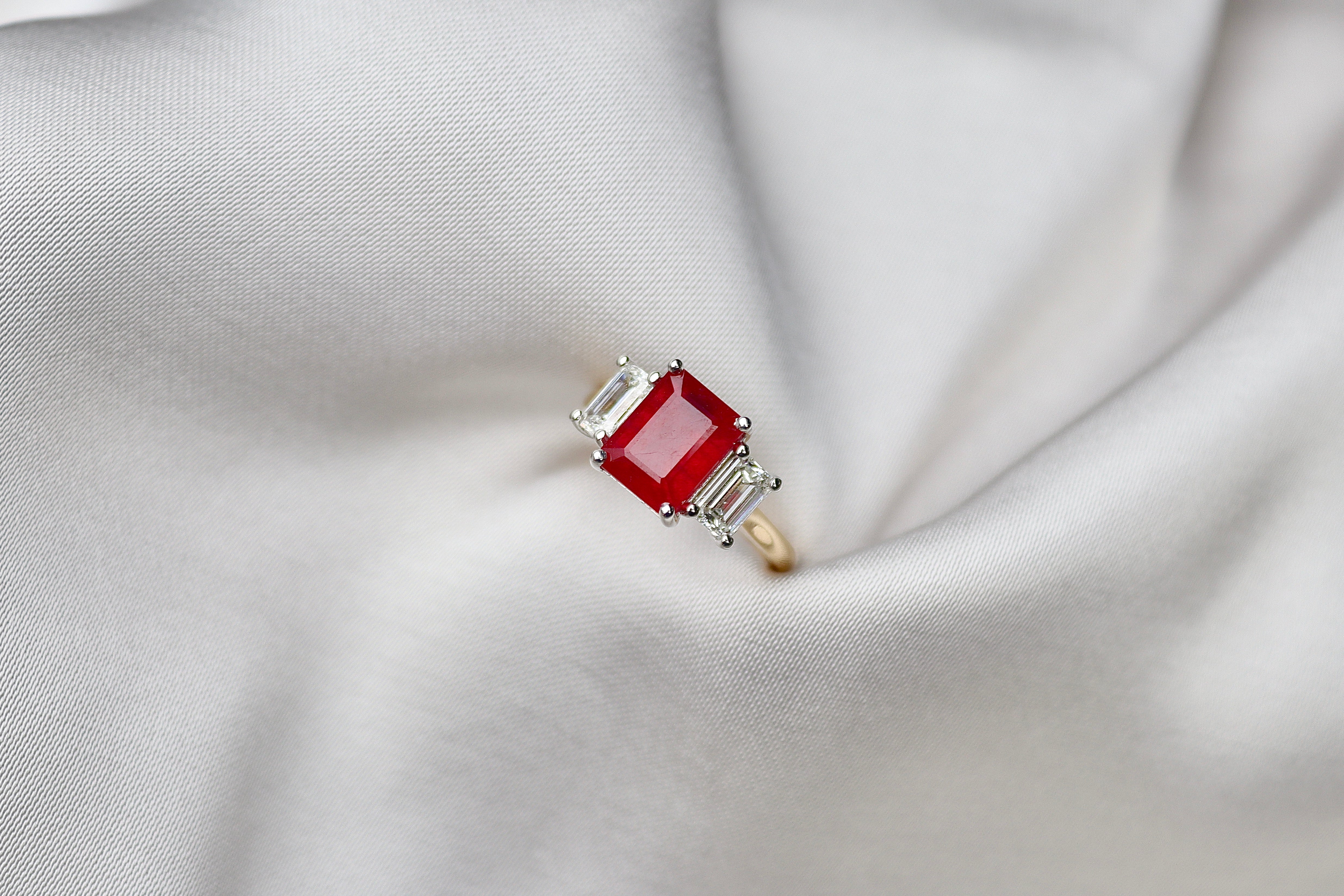 18ct Yellow and White Gold Emerald Cut Ruby and Diamond 3 Stone Ring