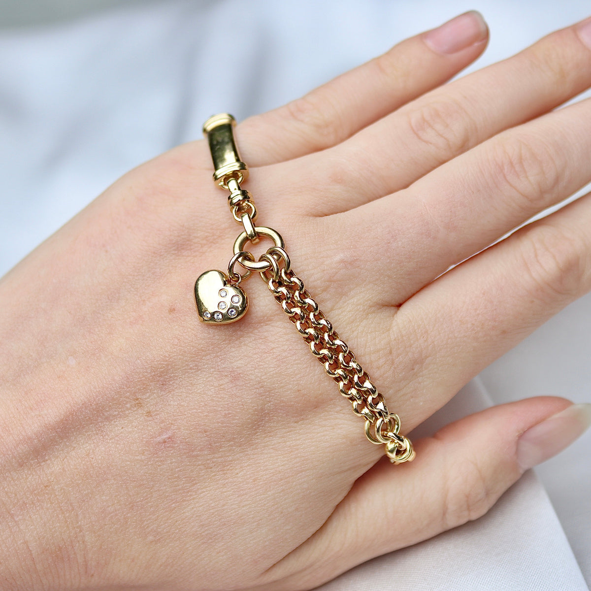 18ct Yellow Gold Fancy Link Belcher and Bar Bracelet with Diamond Heart Charm