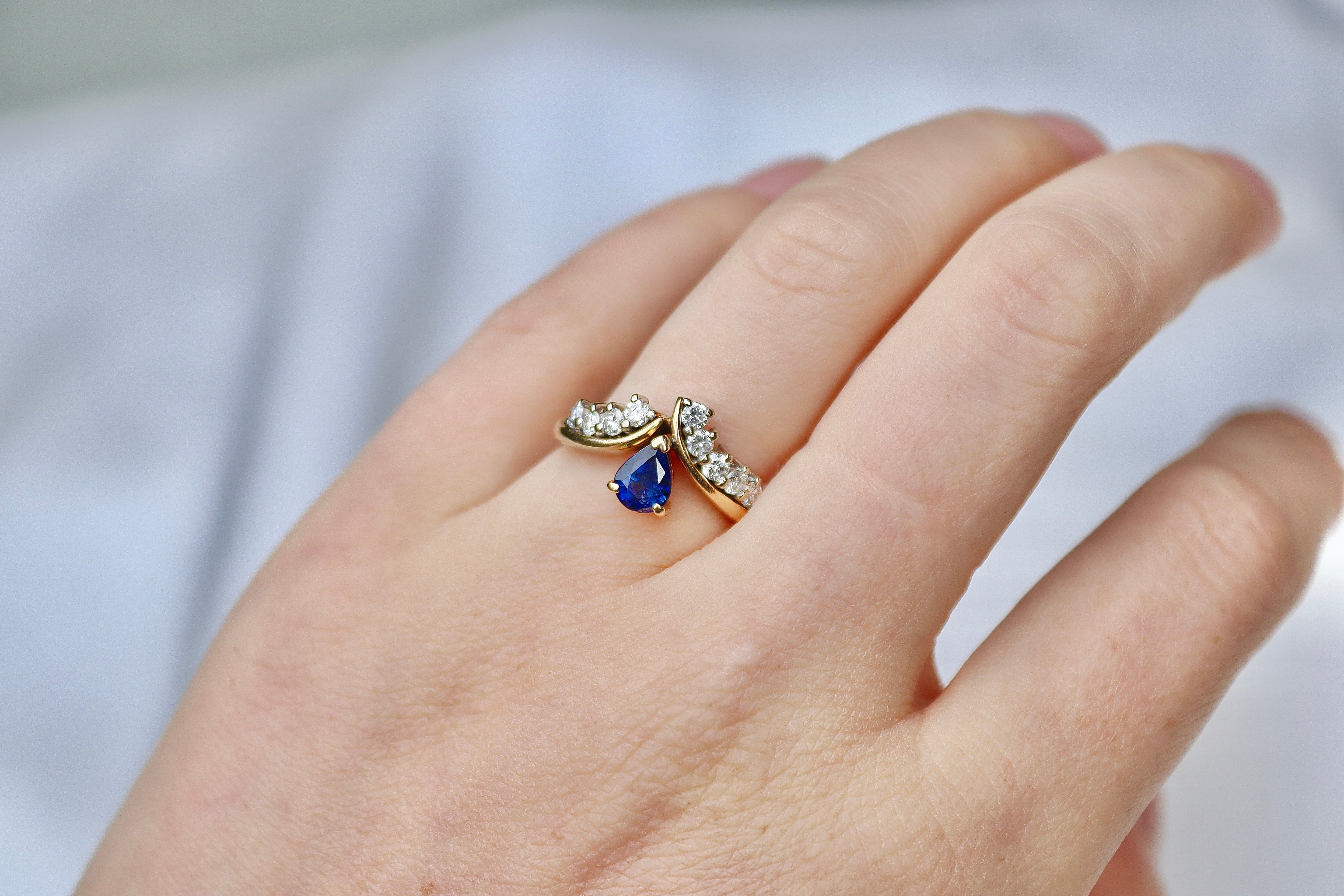 14ct Yellow and White Gold Pear Shaped Sapphire and Diamond Tiara Style Ring