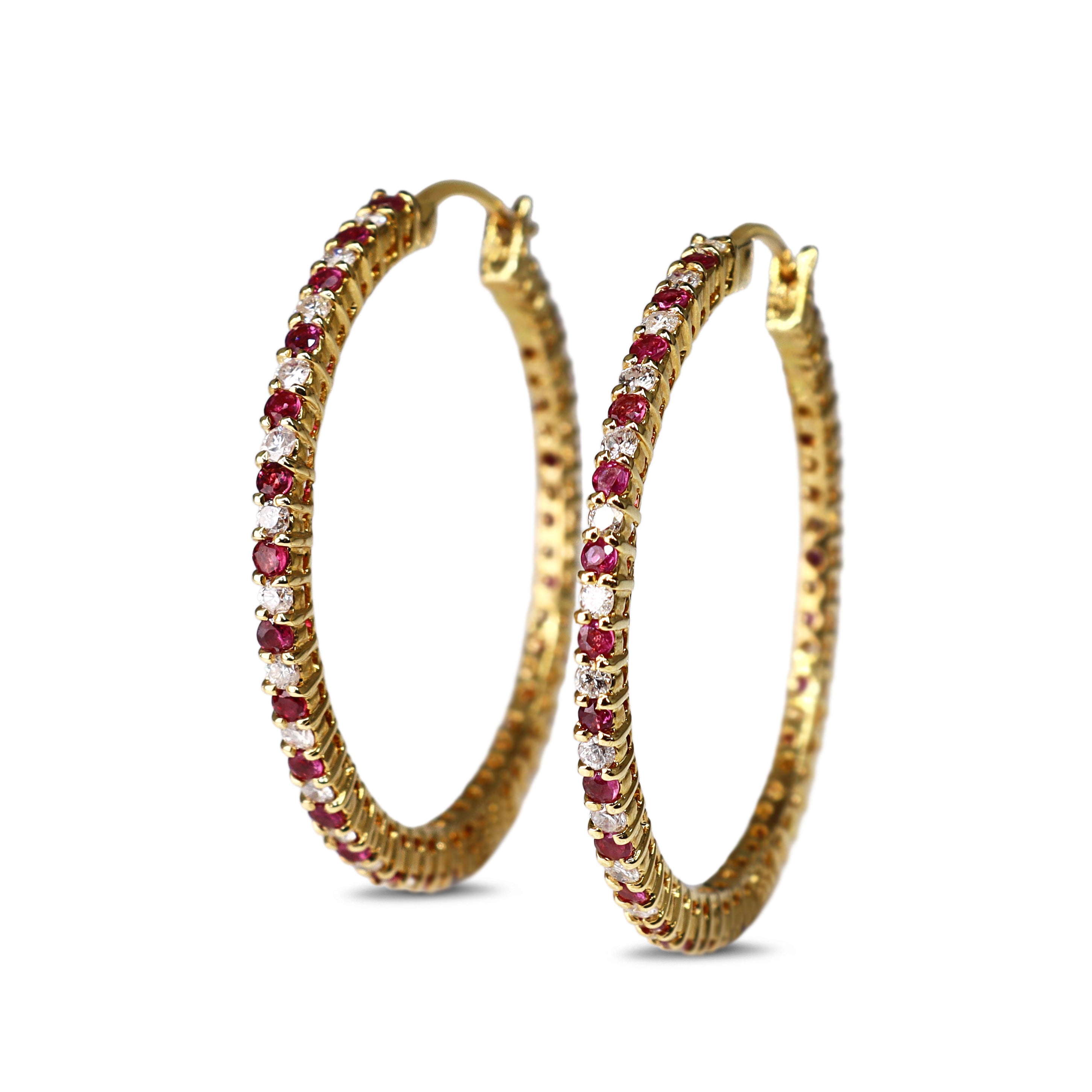 18ct Yellow Gold Ruby and Diamond Hoop Earrings
