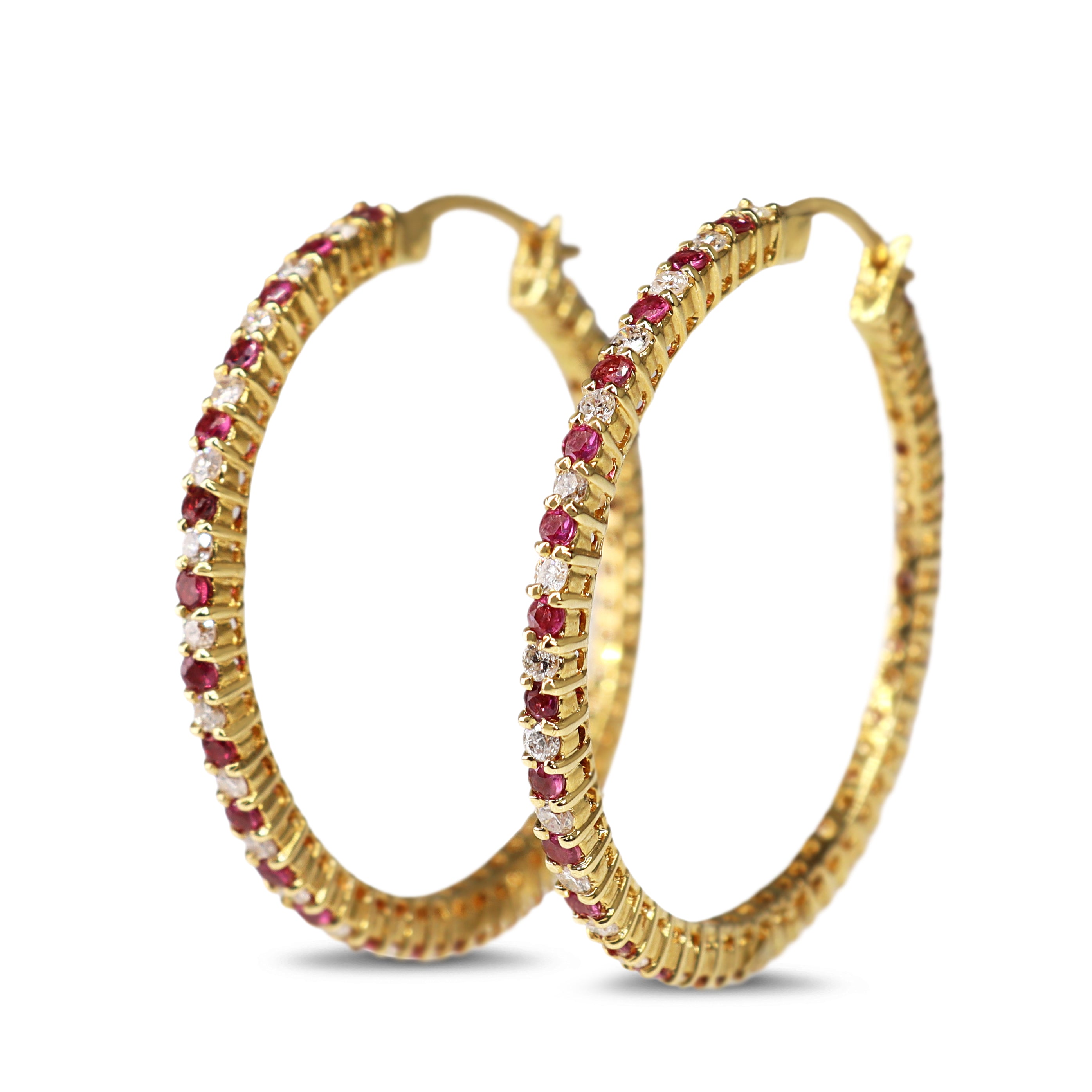 18ct Yellow Gold Ruby and Diamond Hoop Earrings