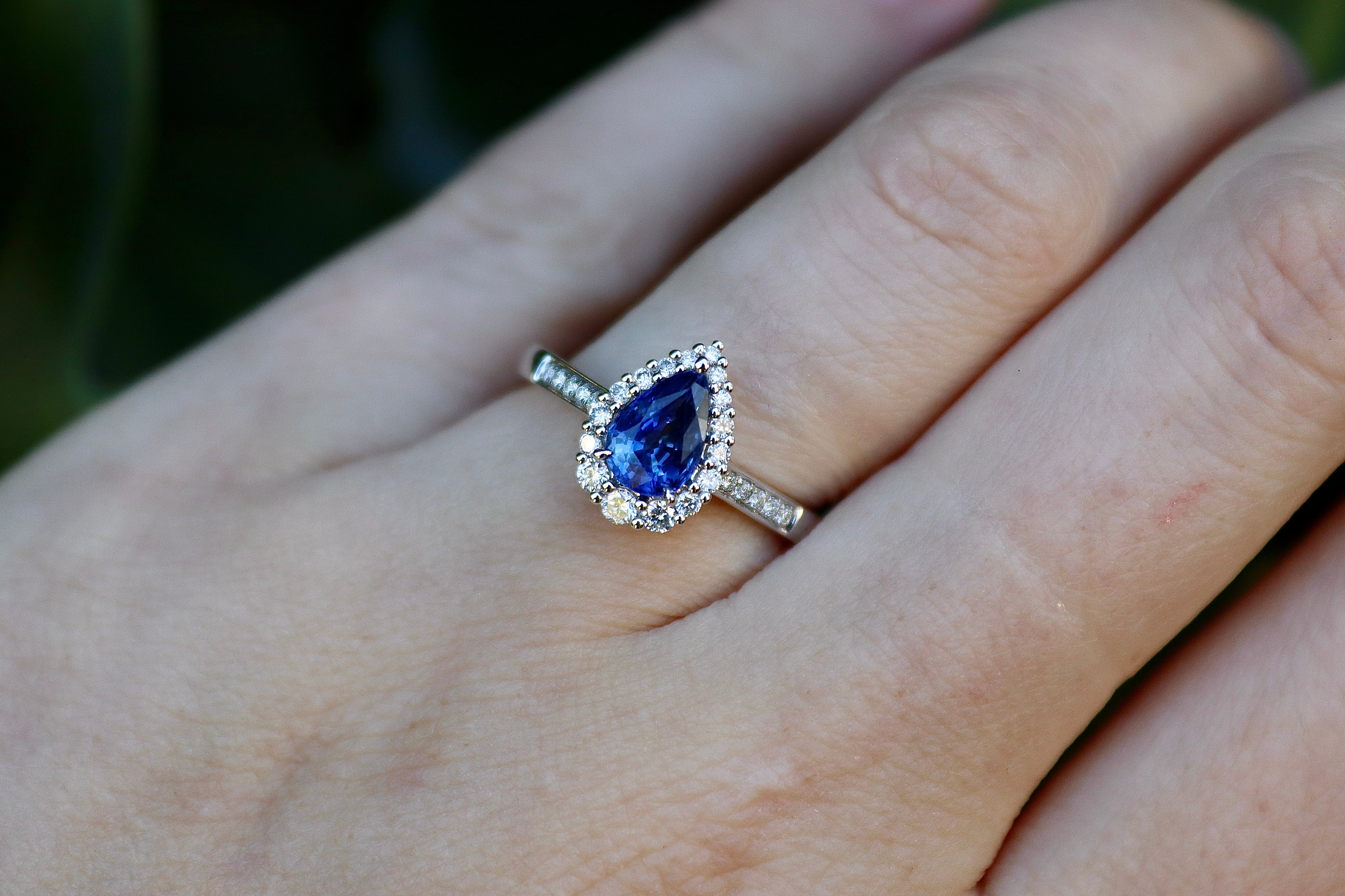 18ct White Gold Pear Shaped Sapphire and Diamond Graduated Halo Ring