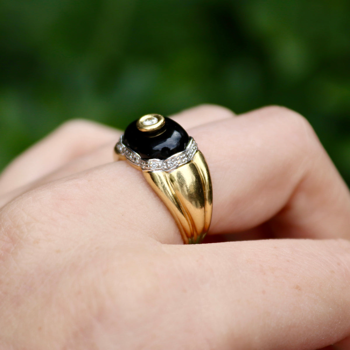 18ct Yellow Gold Vintage Onyx and Diamond Ring