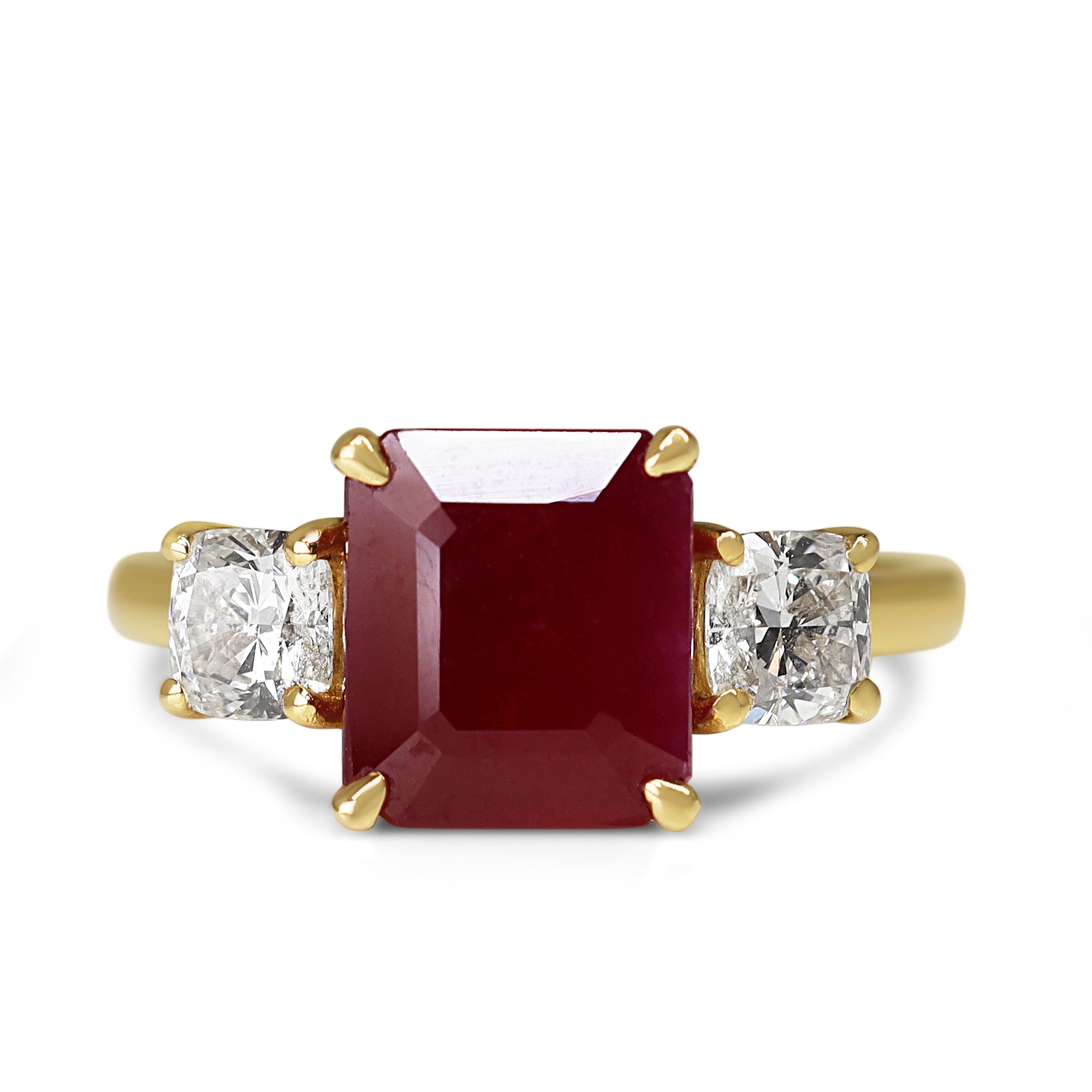 18ct Yellow Gold Emerald Cut Ruby and Cushion Cut Diamond 3 Stone Ring