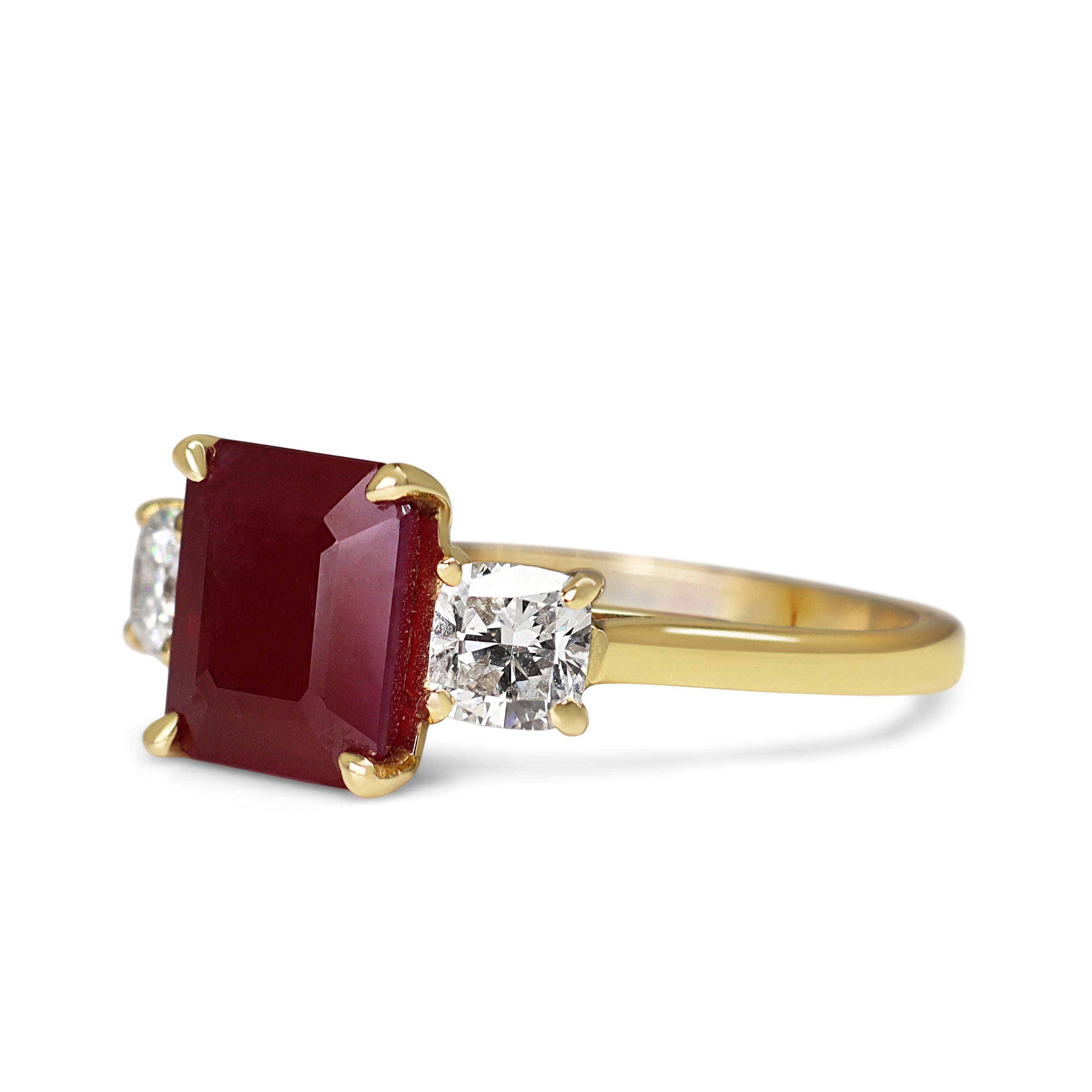 18ct Yellow Gold Emerald Cut Ruby and Cushion Cut Diamond 3 Stone Ring