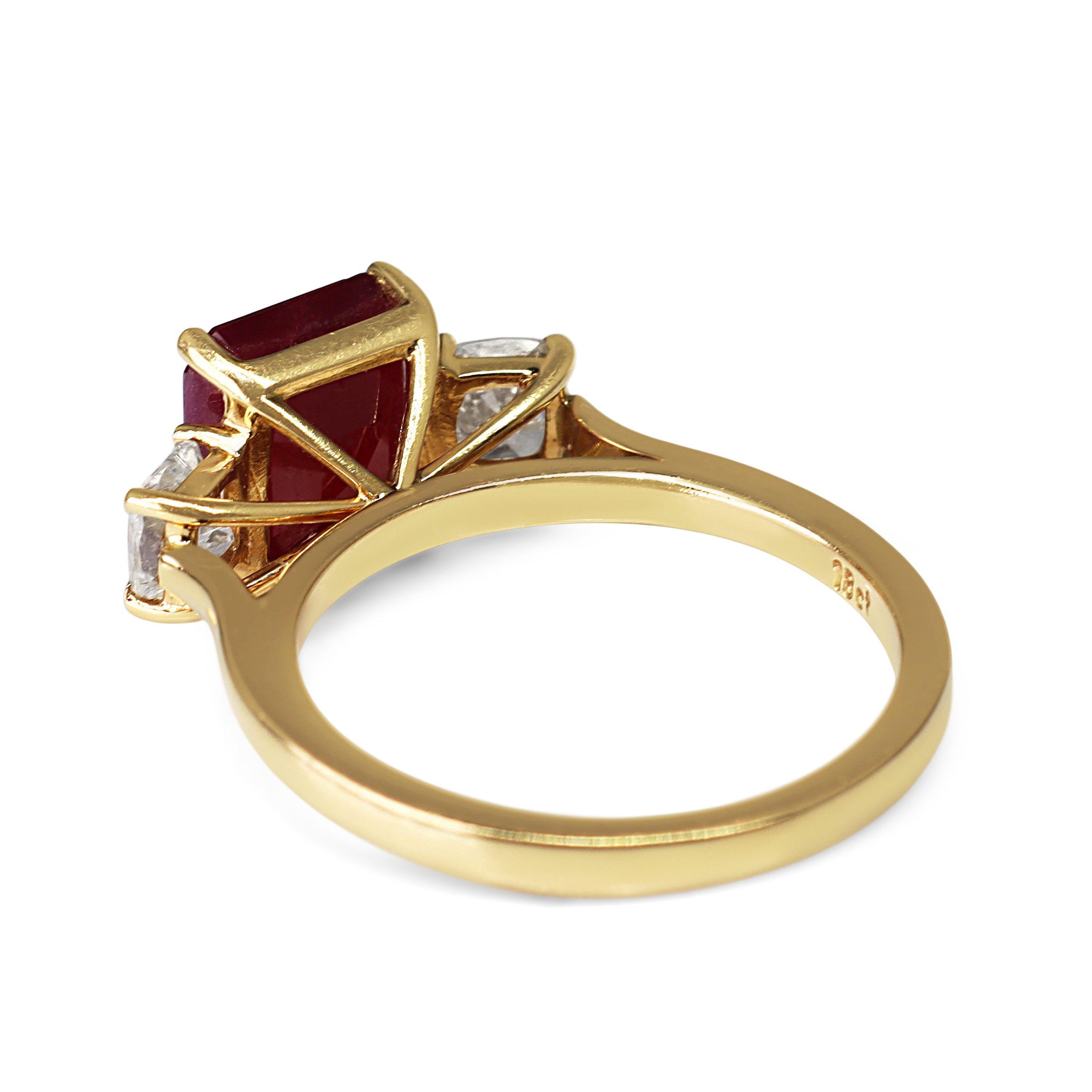 18ct Yellow Gold Emerald Cut Ruby and Cushion Cut Diamond 3 Stone Ring