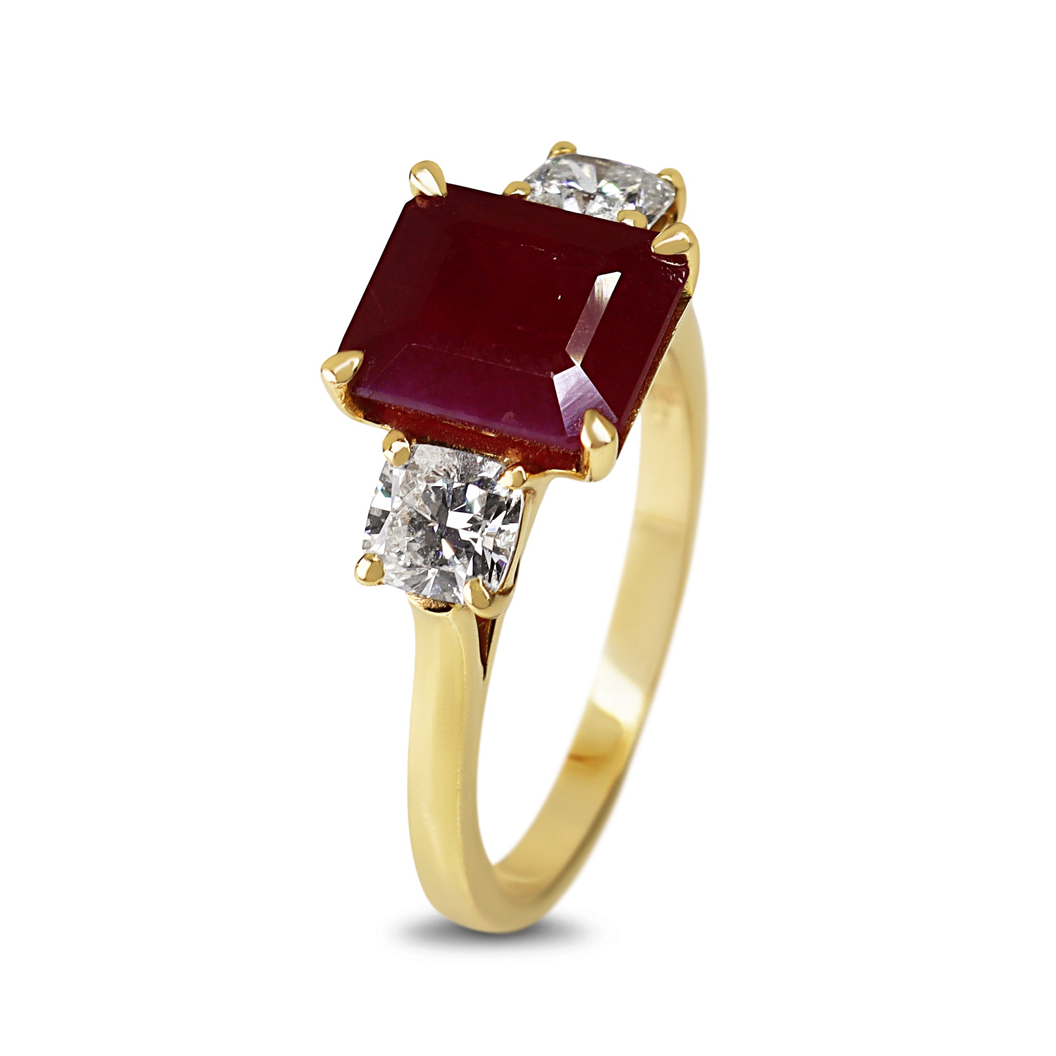 18ct Yellow Gold Emerald Cut Ruby and Cushion Cut Diamond 3 Stone Ring