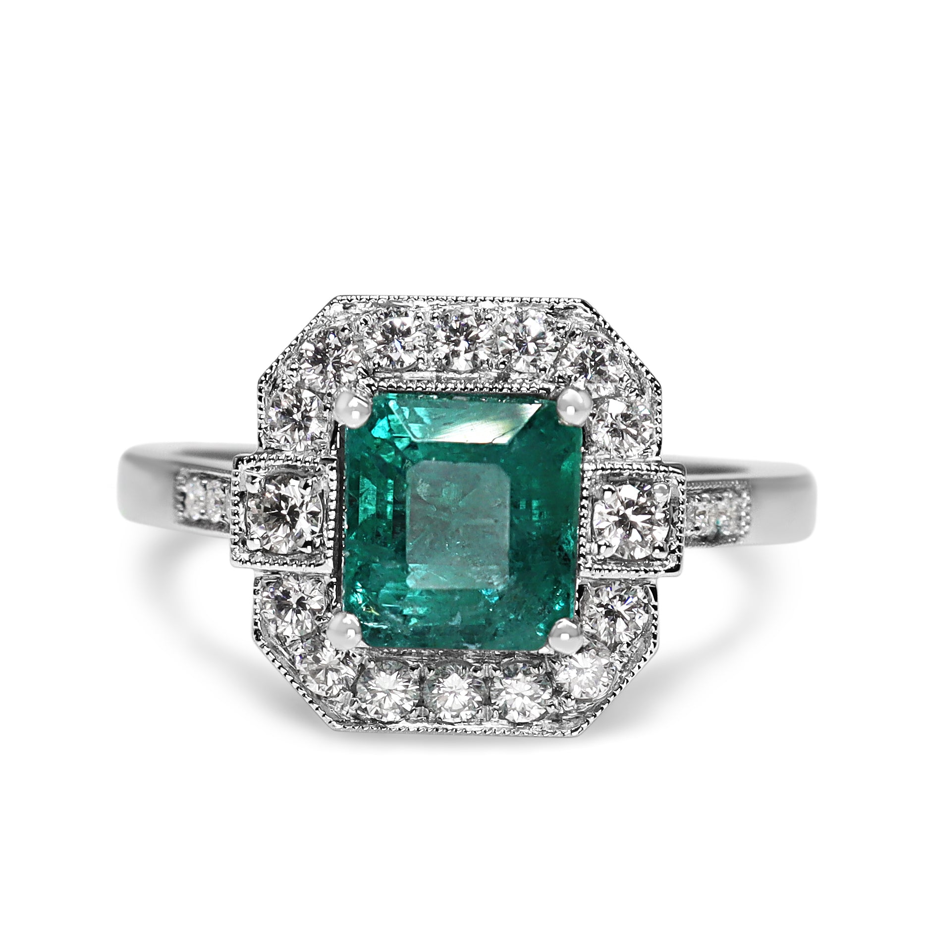 18ct White Gold Art Deco Style Emerald and Diamond Halo Ring