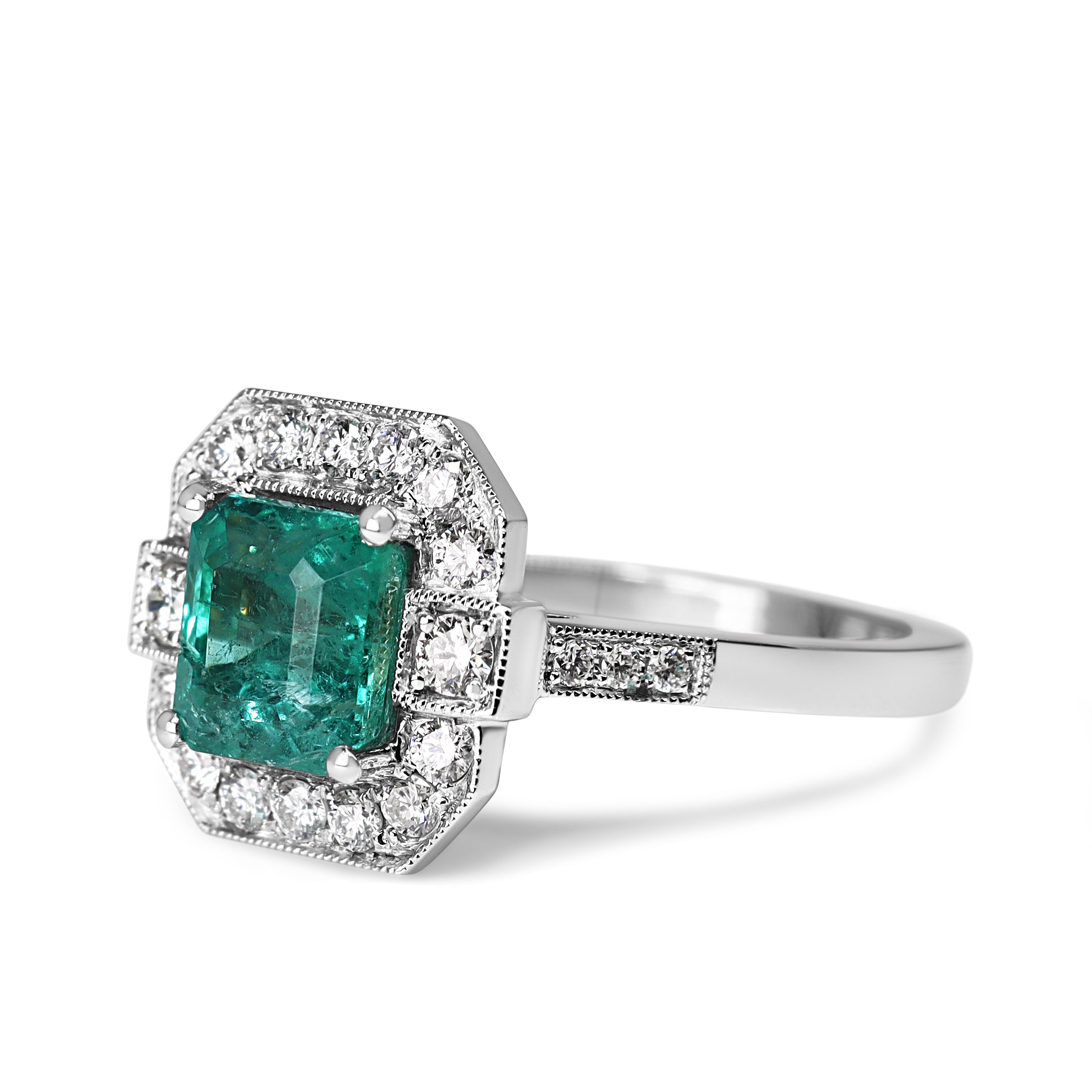 18ct White Gold Art Deco Style Emerald and Diamond Halo Ring