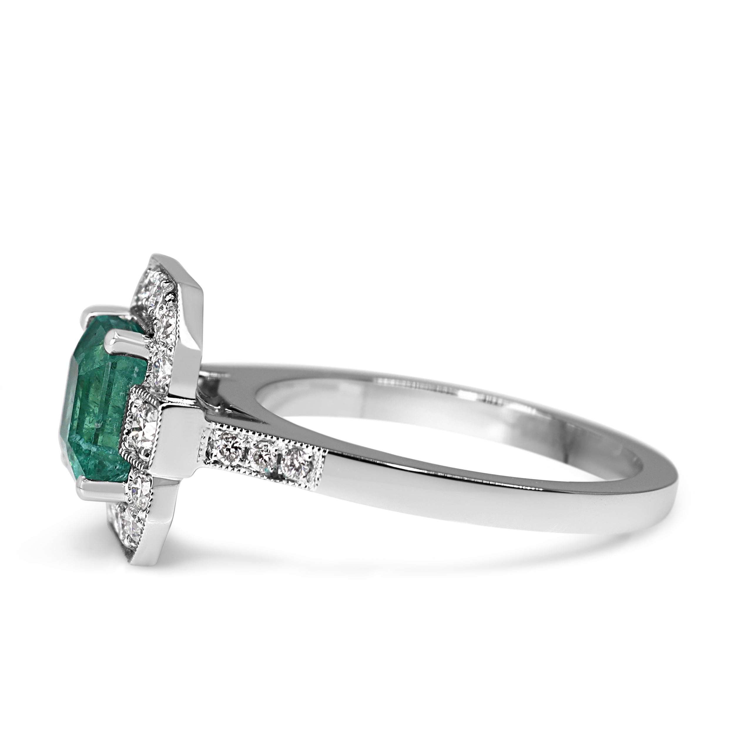 18ct White Gold Art Deco Style Emerald and Diamond Halo Ring