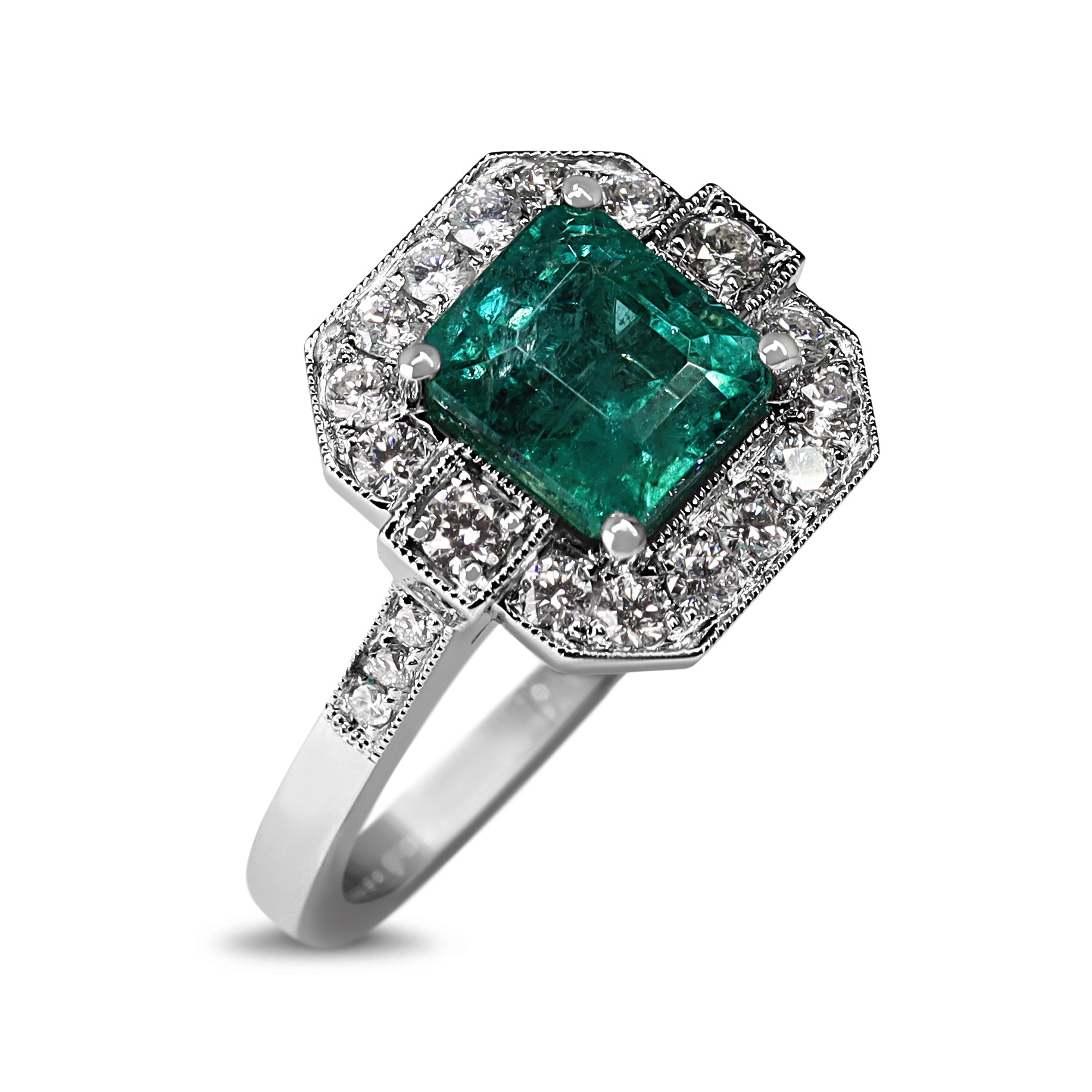 18ct White Gold Art Deco Style Emerald and Diamond Halo Ring