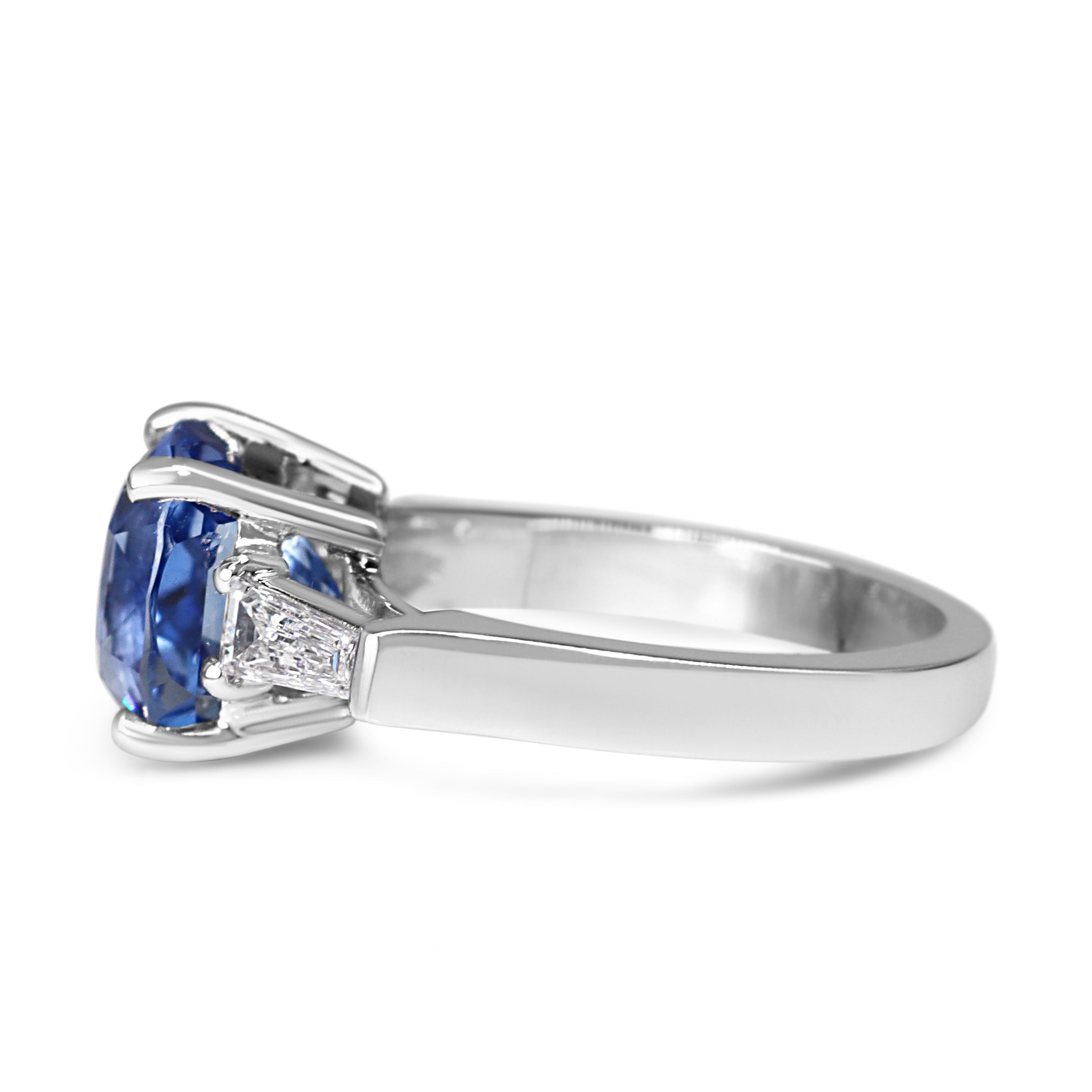 Platinum 5.26ct Cushion Sapphire and Tapered Baguette Diamond 3 Stone Ring