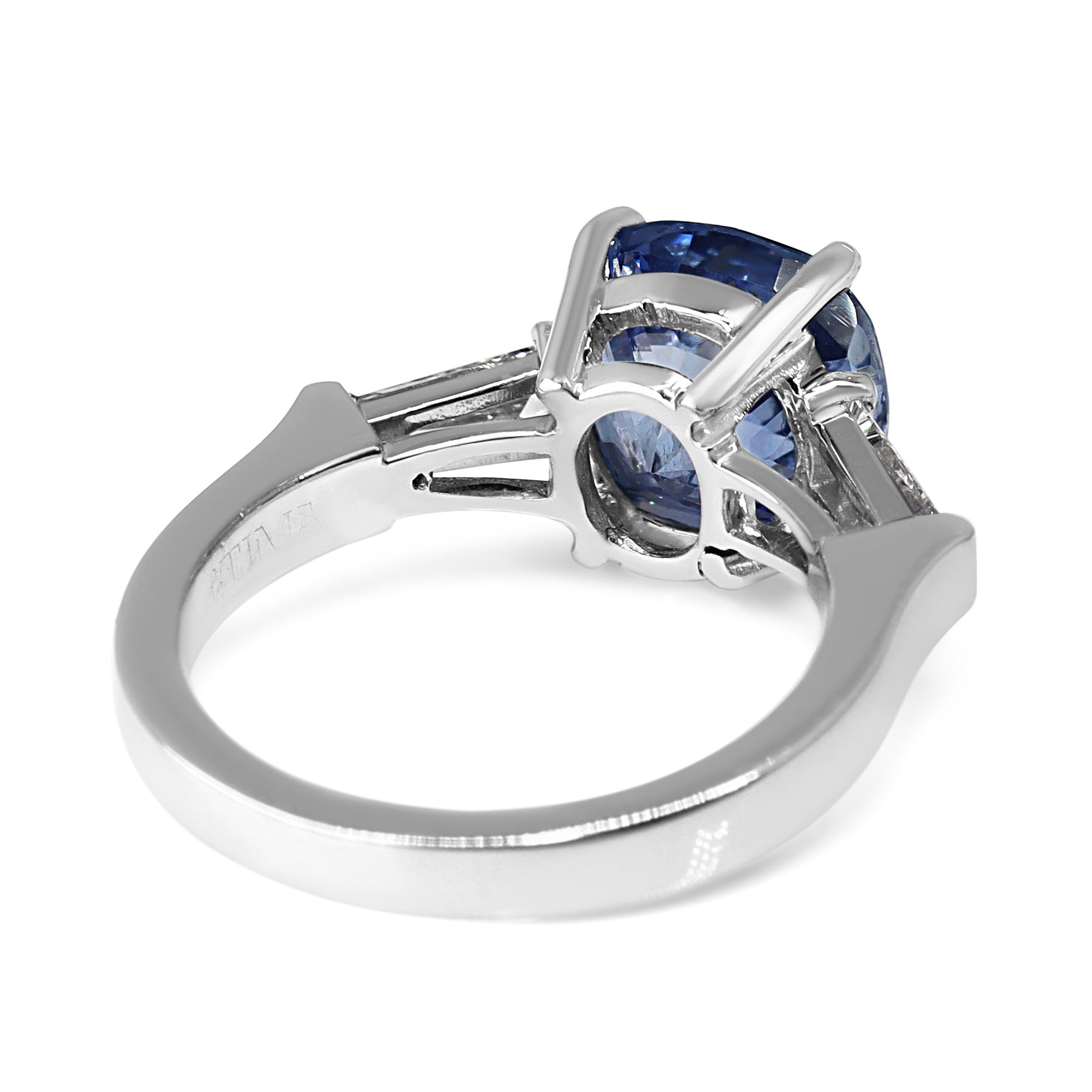 Platinum 5.26ct Cushion Sapphire and Tapered Baguette Diamond 3 Stone Ring