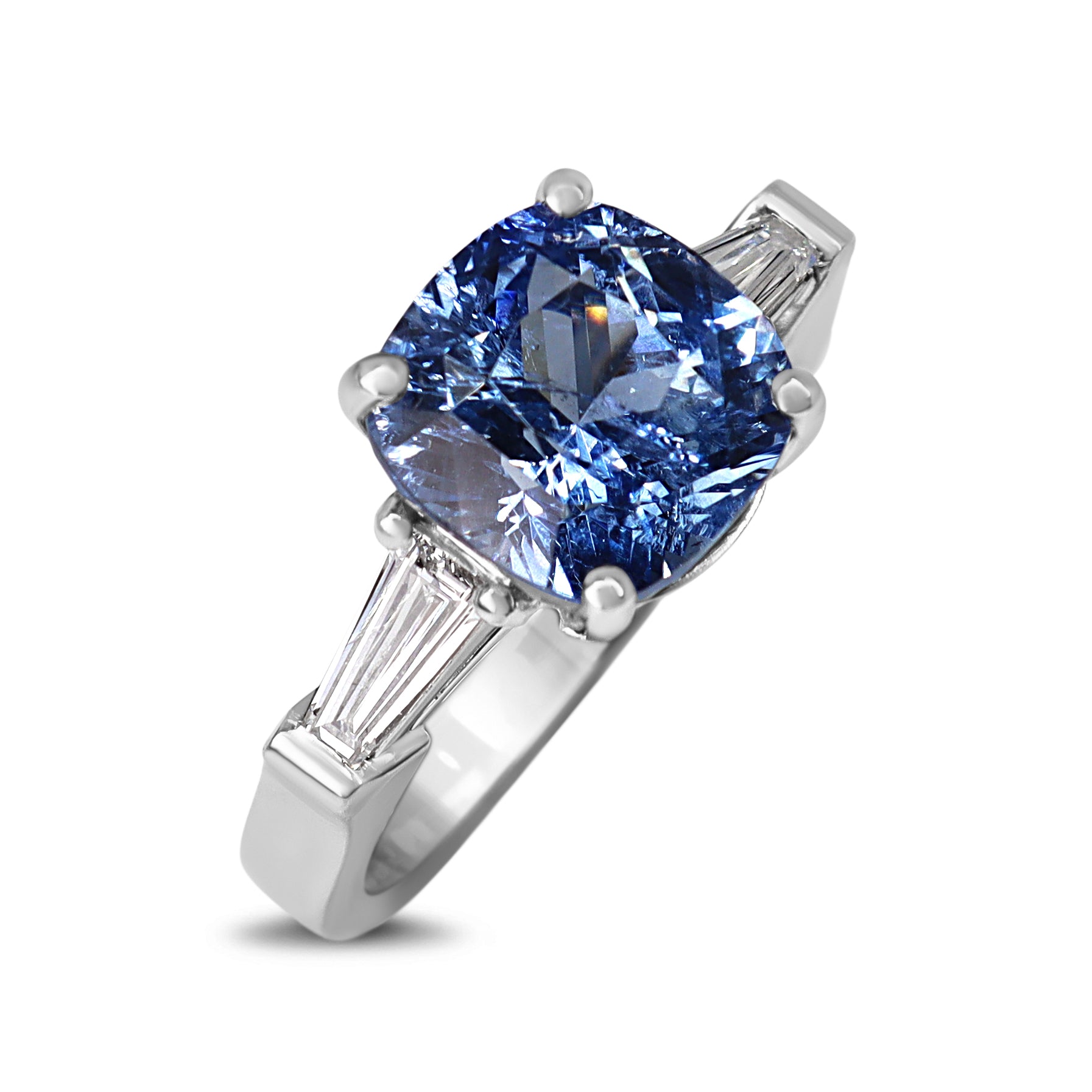 Platinum 5.26ct Cushion Sapphire and Tapered Baguette Diamond 3 Stone Ring