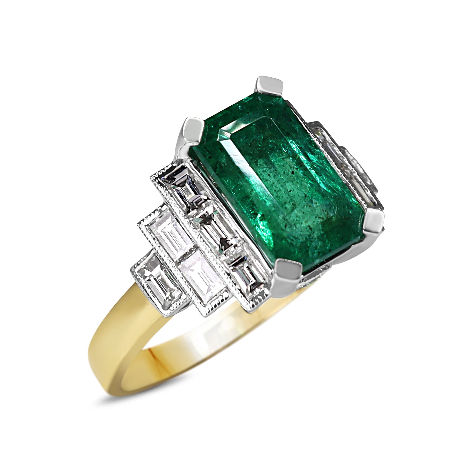 18ct Yellow and White Gold Art Deco Emerald and Baguette Diamond Ring