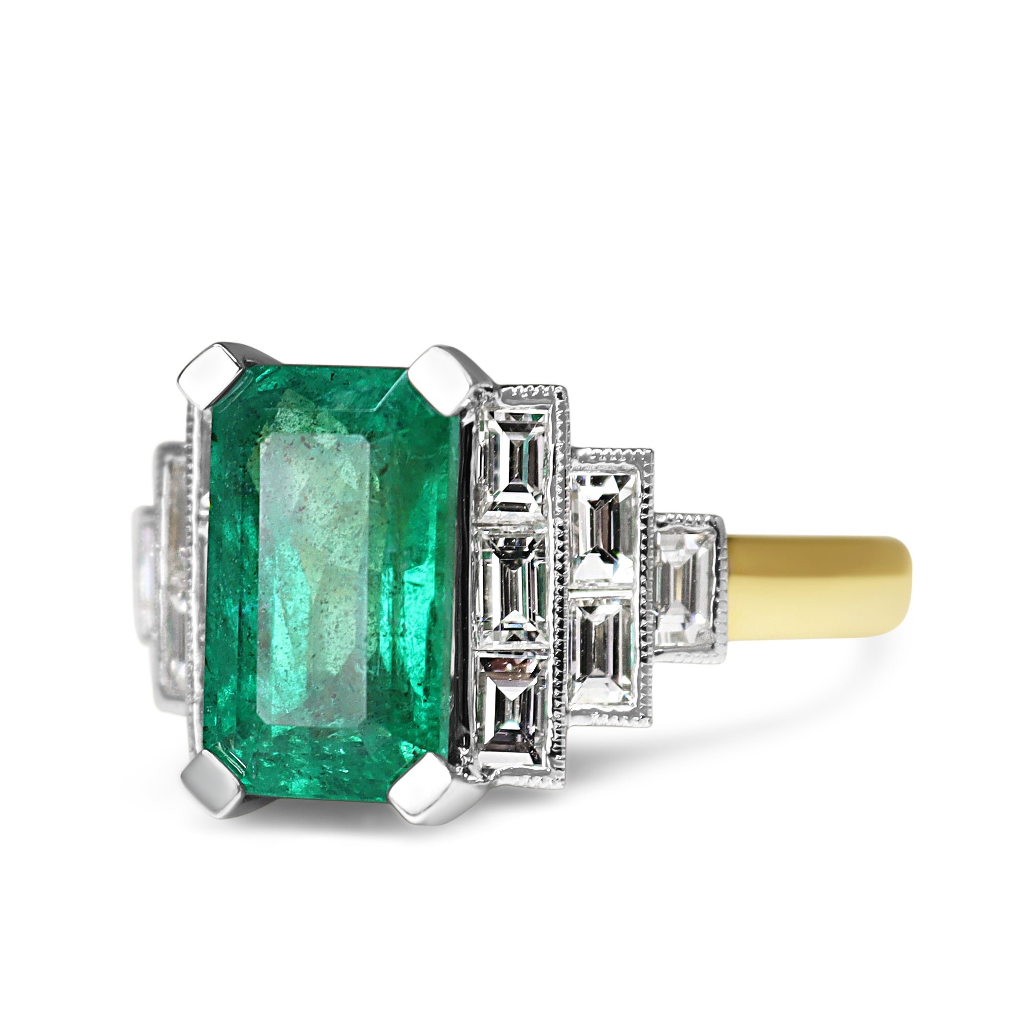 18ct Yellow and White Gold Art Deco Emerald and Baguette Diamond Ring