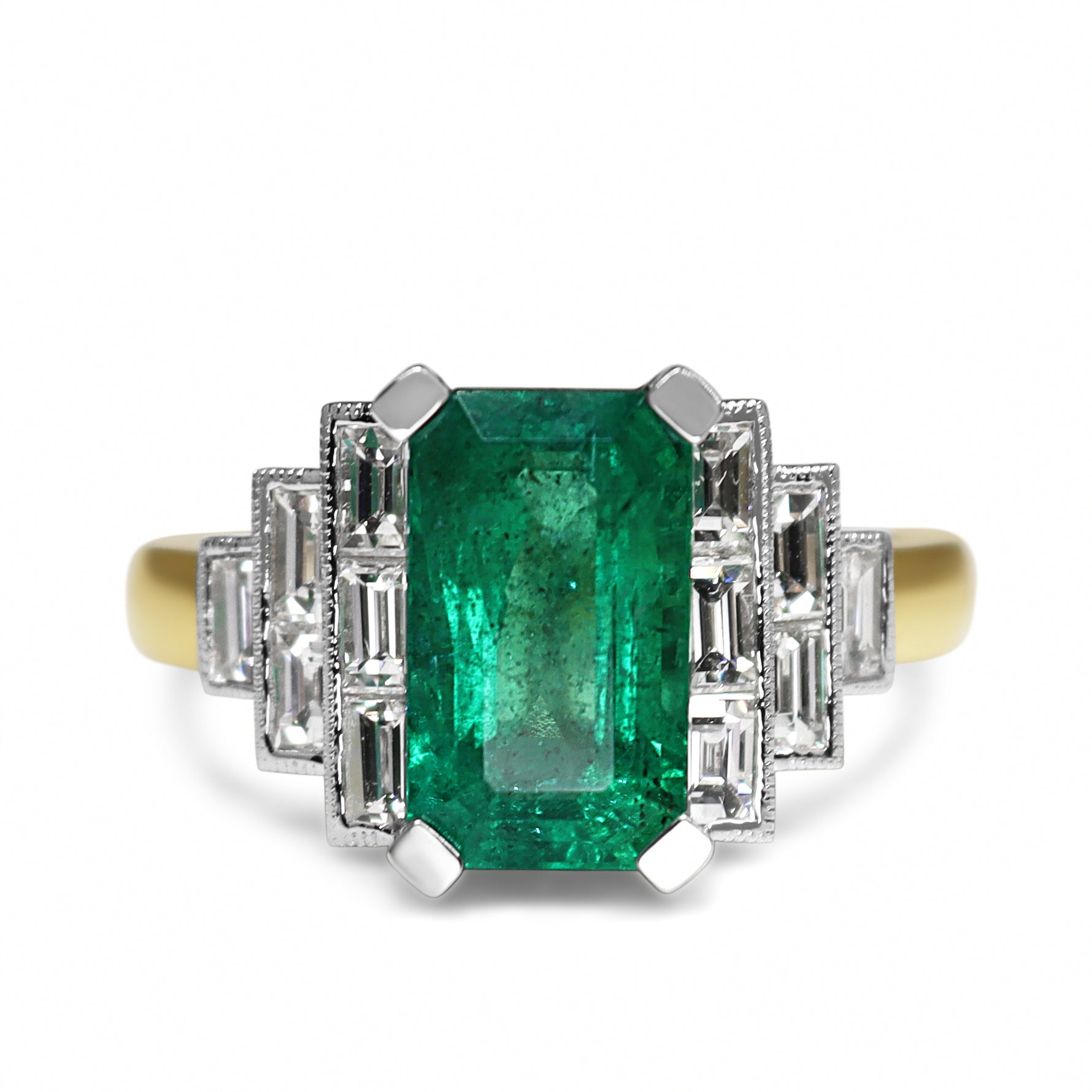 18ct Yellow and White Gold Art Deco Emerald and Baguette Diamond Ring
