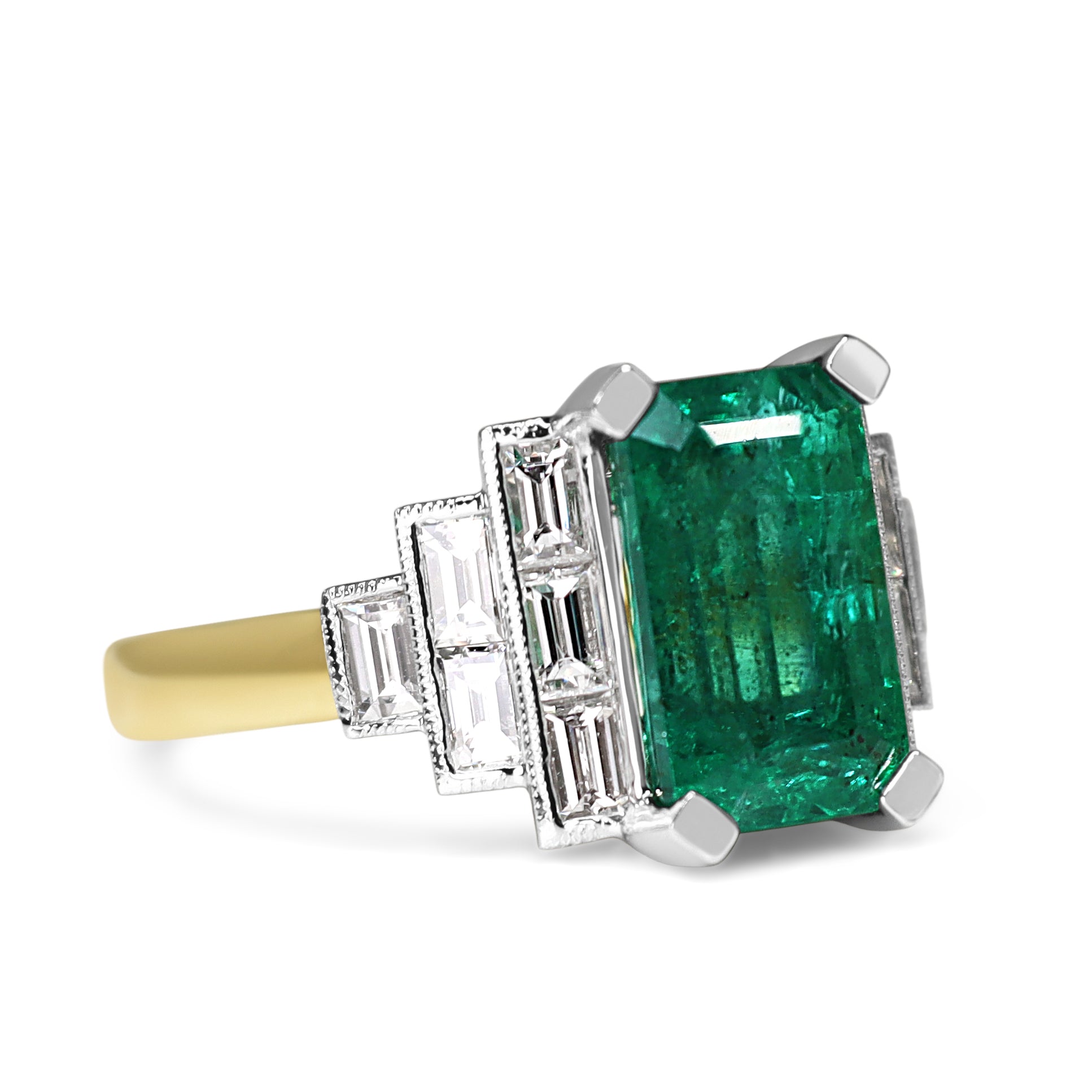 18ct Yellow and White Gold Art Deco Emerald and Baguette Diamond Ring
